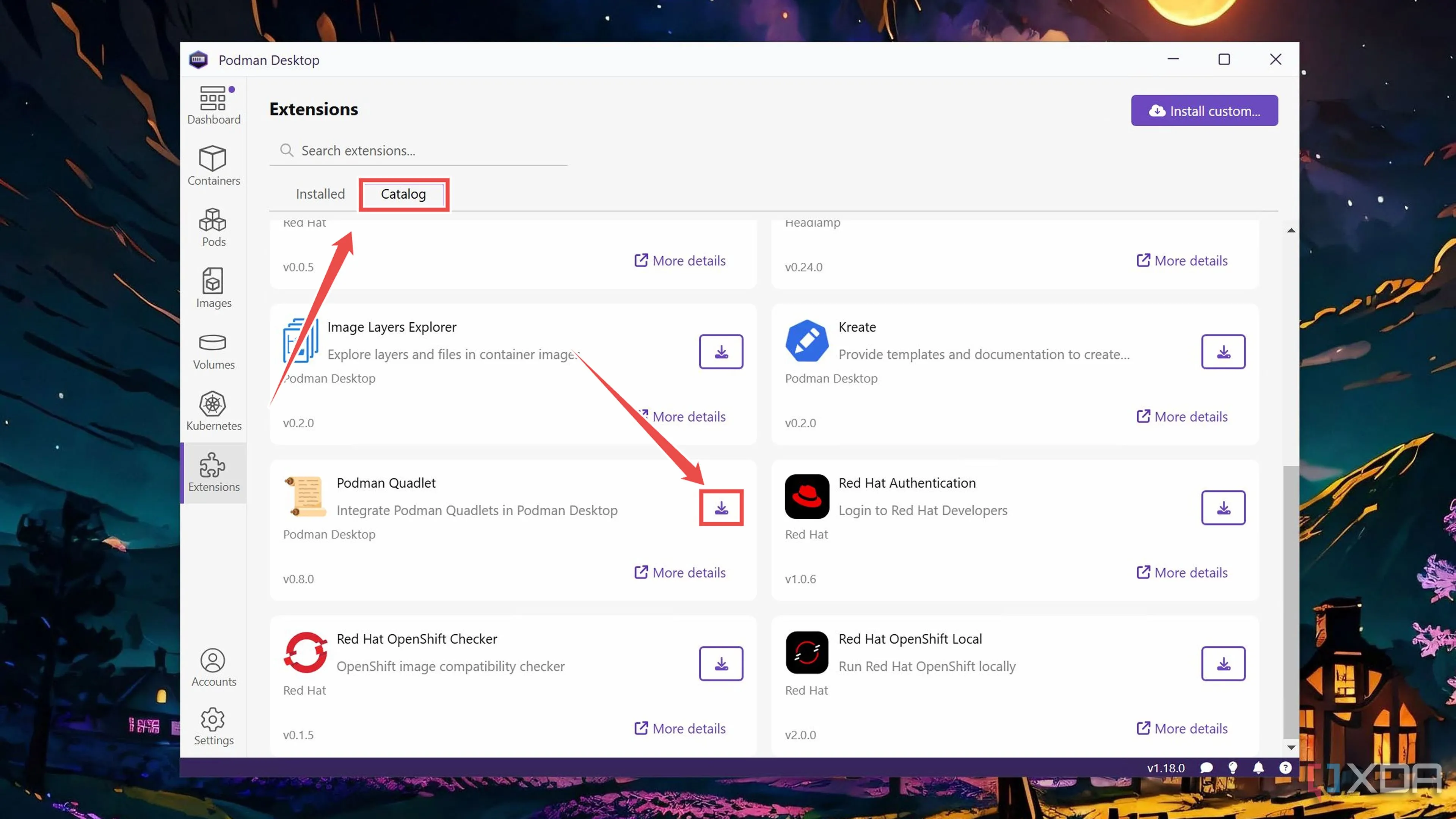 Lựa chọn và cài đặt tiện ích mở rộng Podman Quadlet từ Catalog trong Podman Desktop