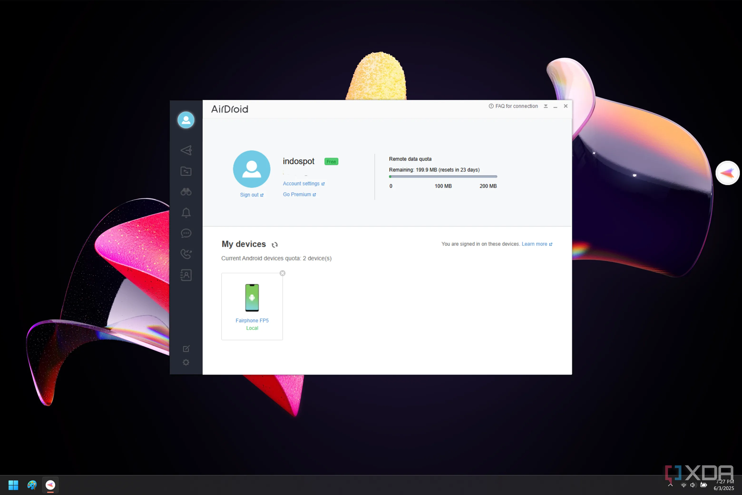 Màn hình AirDroid trên Windows hiển thị thông tin tài khoản và quản lý kết nối