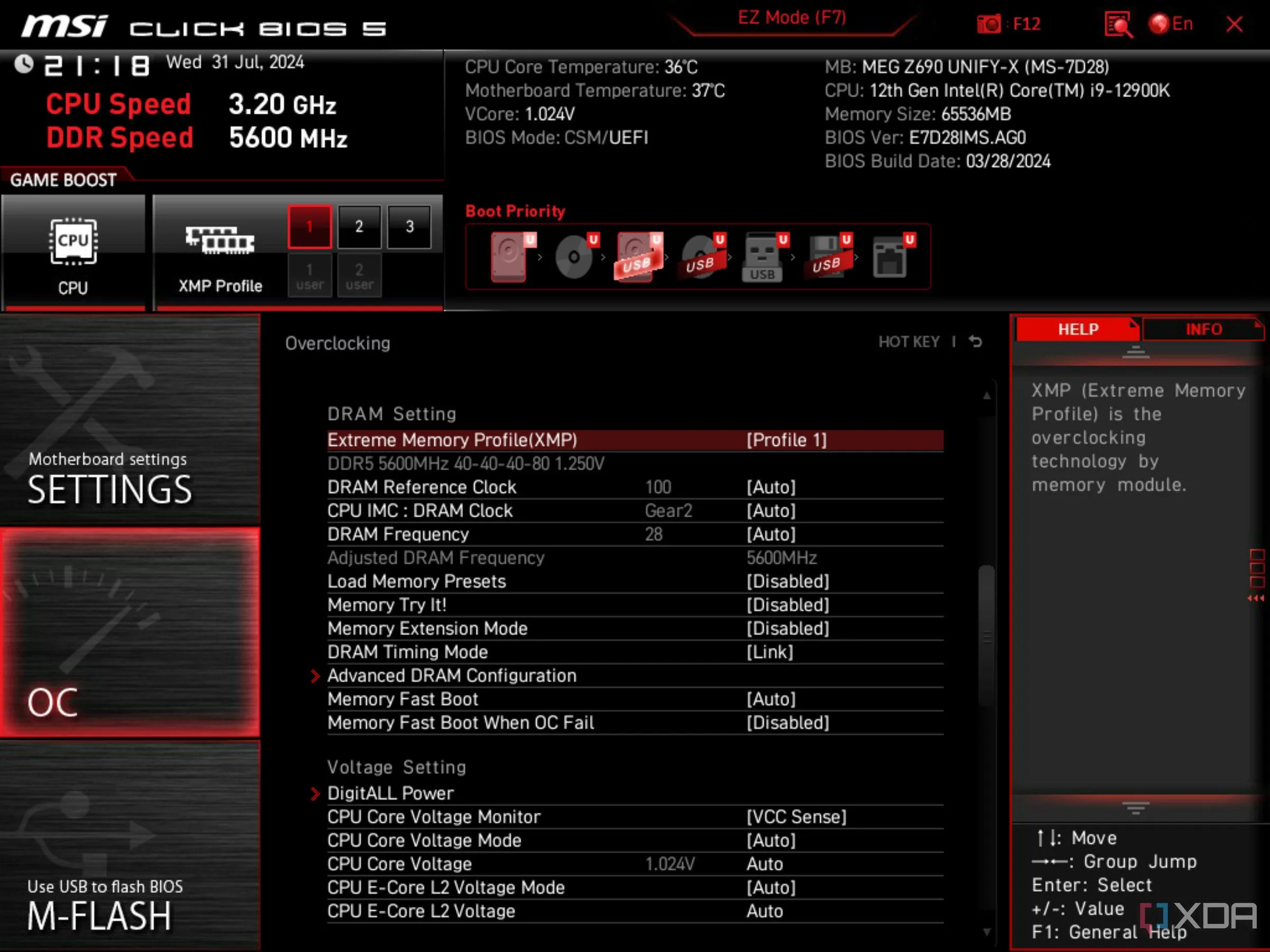 Màn hình BIOS MSI hiển thị tùy chọn Intel XMP đã được kích hoạt để tối ưu hiệu năng RAM.