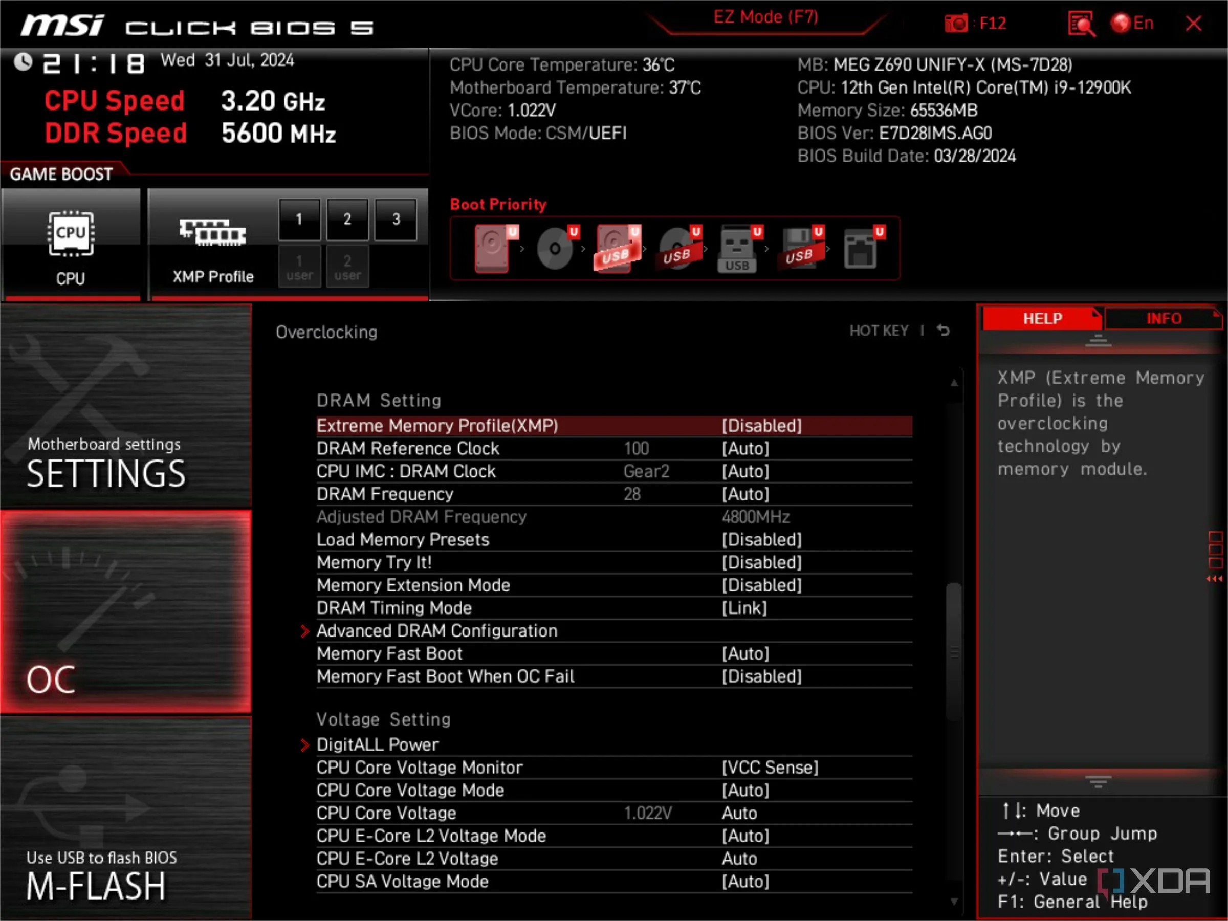 Màn hình BIOS UEFI của MSI hiển thị tùy chọn XMP bị tắt, cho thấy cài đặt RAM chưa tối ưu.