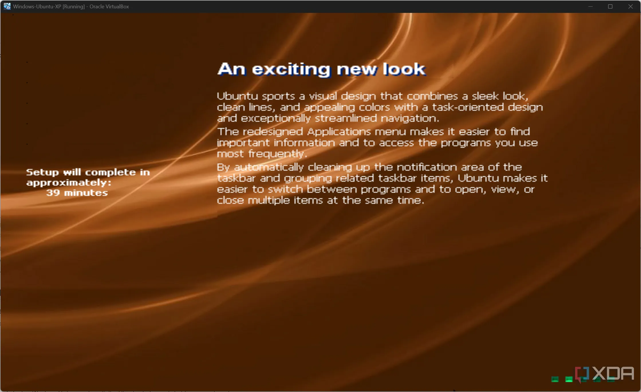 Màn hình cài đặt của Windows XP Ubuntu với giao diện giả lập Linux