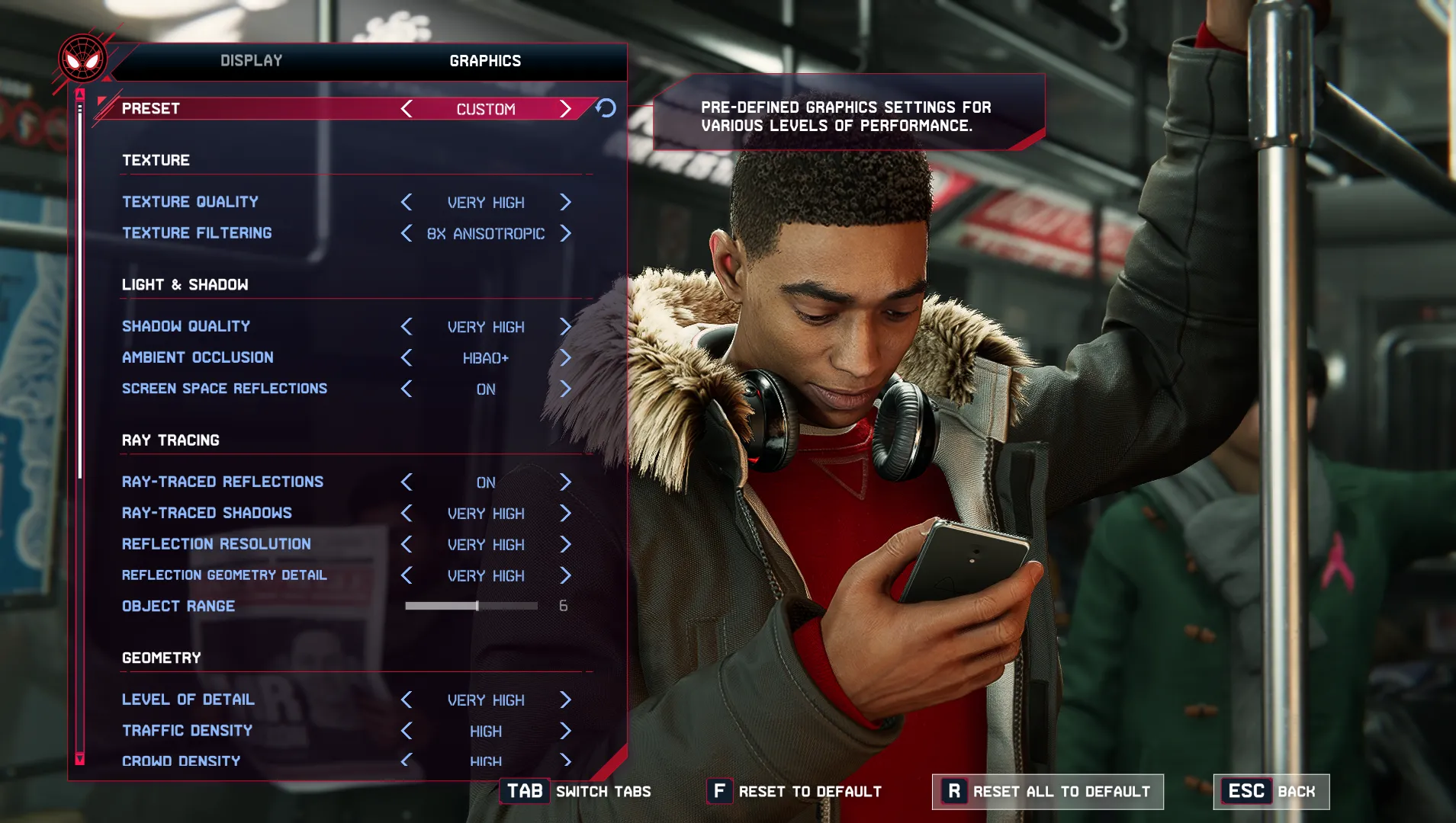 Màn hình cài đặt đồ họa trong game Spider-Man Miles Morales, minh họa các tùy chọn để tối ưu hóa hiệu suất FPS.