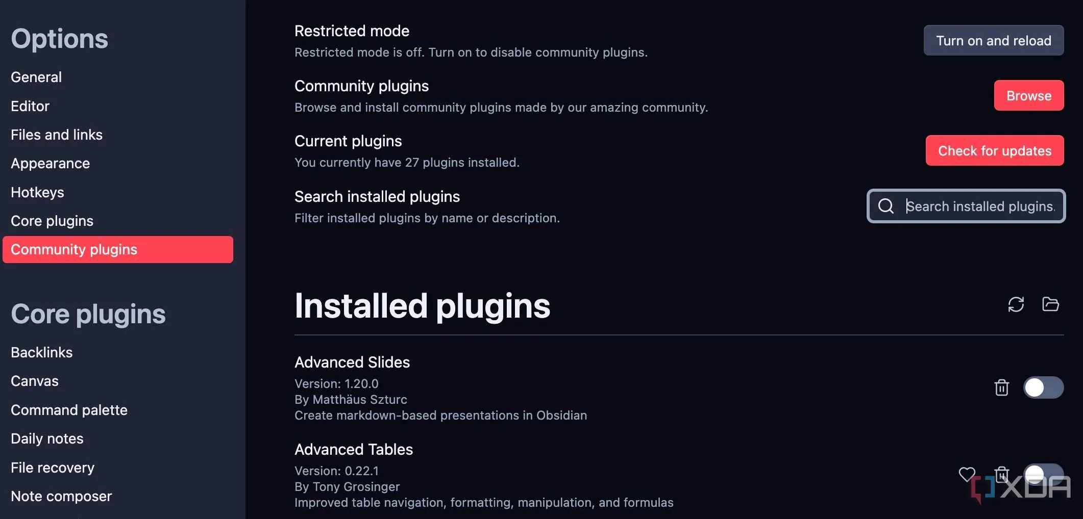 Màn hình cài đặt Obsidian với mục Community Plugins được làm nổi bật, hướng dẫn tắt chế độ hạn chế để cài đặt plugin Charts