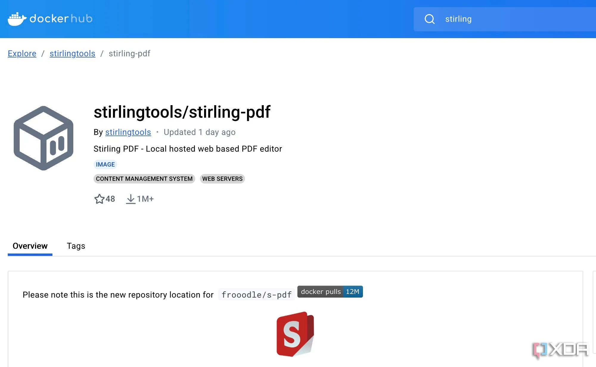 Màn hình cấu hình Docker cho Stirling PDF, thể hiện khả năng tự host phần mềm chỉnh sửa PDF