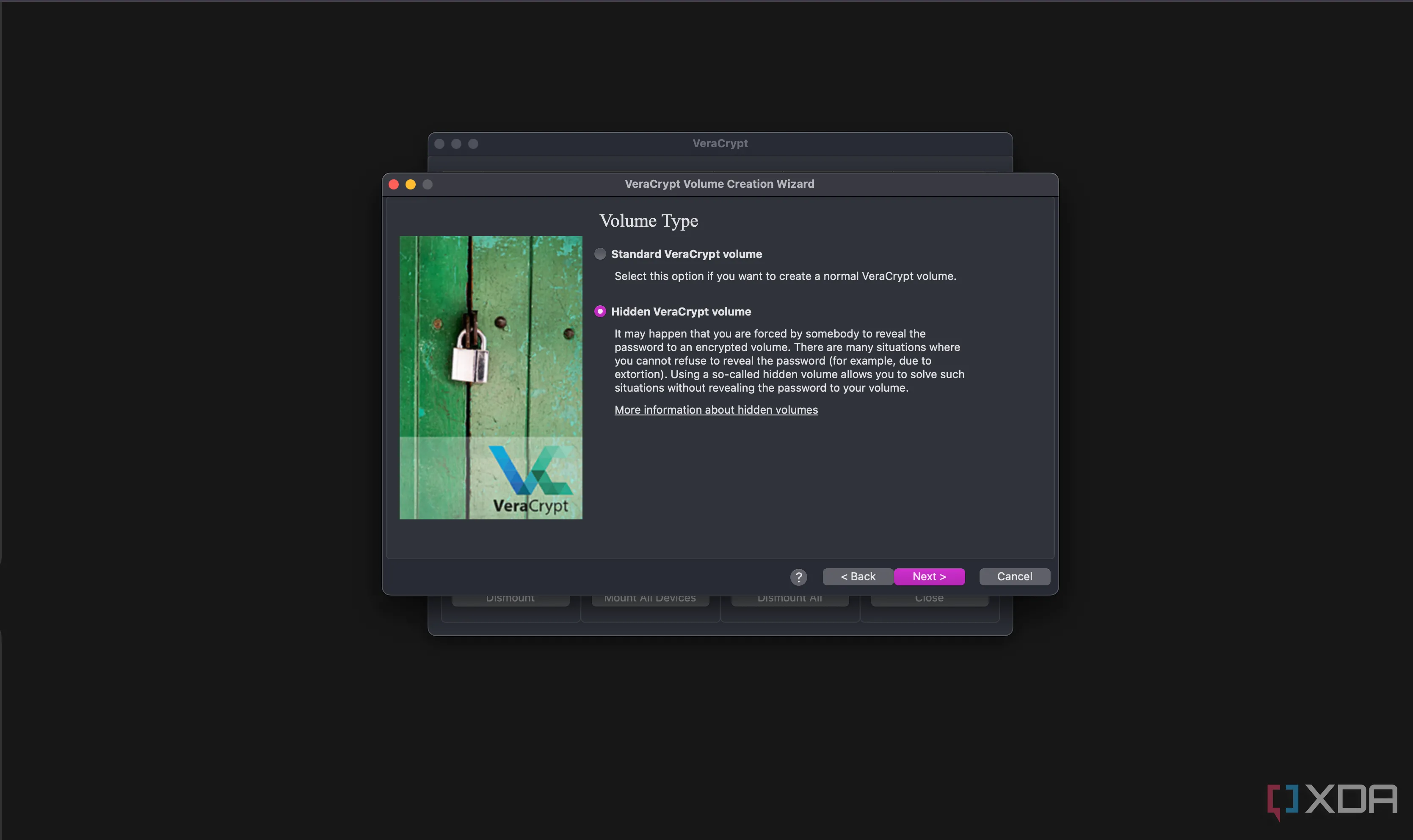 Màn hình cấu hình VeraCrypt hiển thị tùy chọn tạo Hidden volume, minh họa tính năng mã hóa ẩn dữ liệu để bảo mật cao.