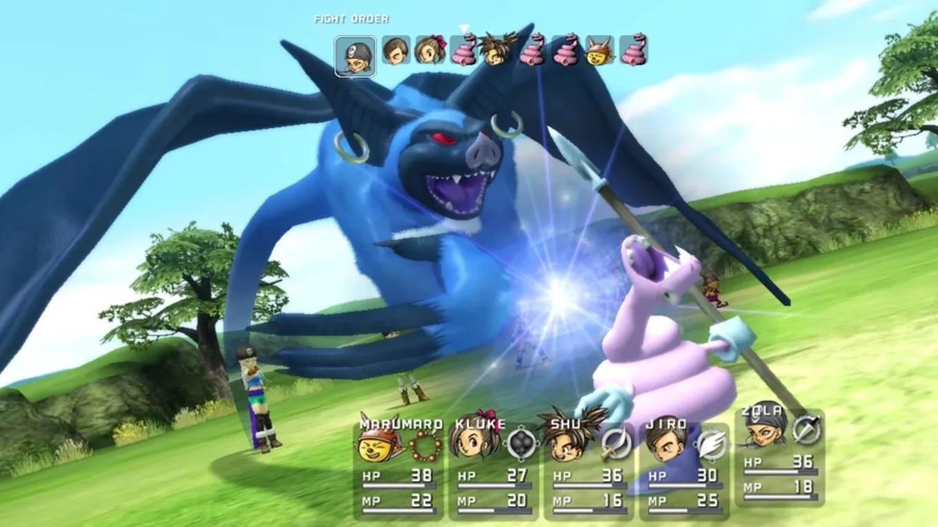 Màn hình chiến đấu trong game Blue Dragon, hiển thị nhân vật và quái vật với thiết kế đặc trưng của Akira Toriyama trong JRPG dành cho Xbox 360