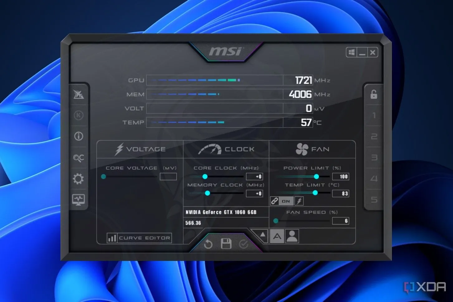 Màn hình chính của phần mềm MSI Afterburner, công cụ giám sát và ép xung card đồ họa