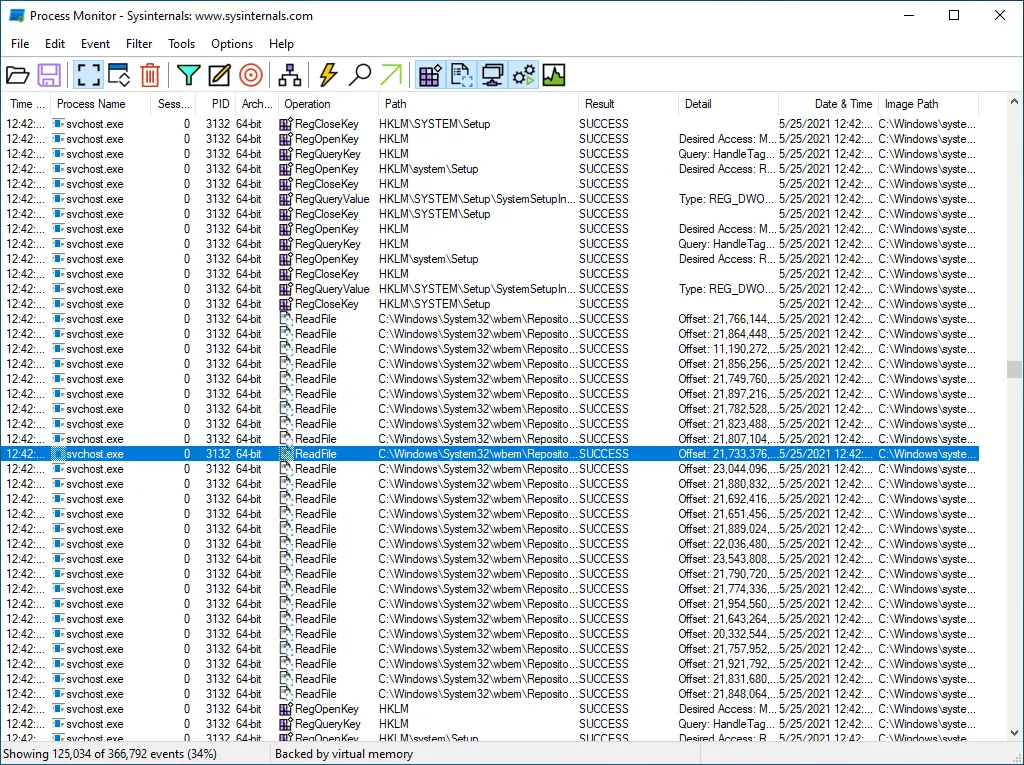 Màn hình chính của Sysinternals Process Monitor, hiển thị chi tiết hoạt động file, registry và mạng.