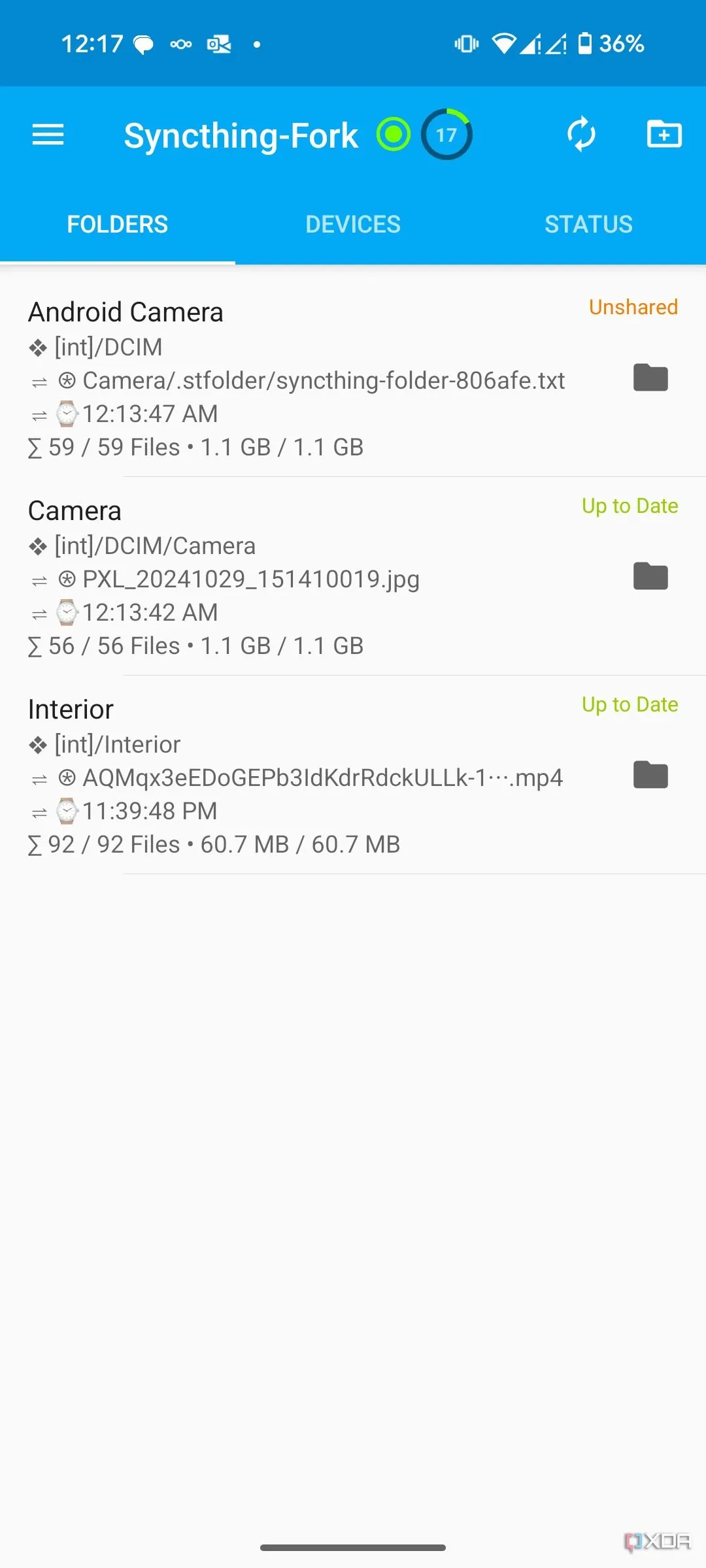 Màn hình chính của ứng dụng Syncthing trên Android
