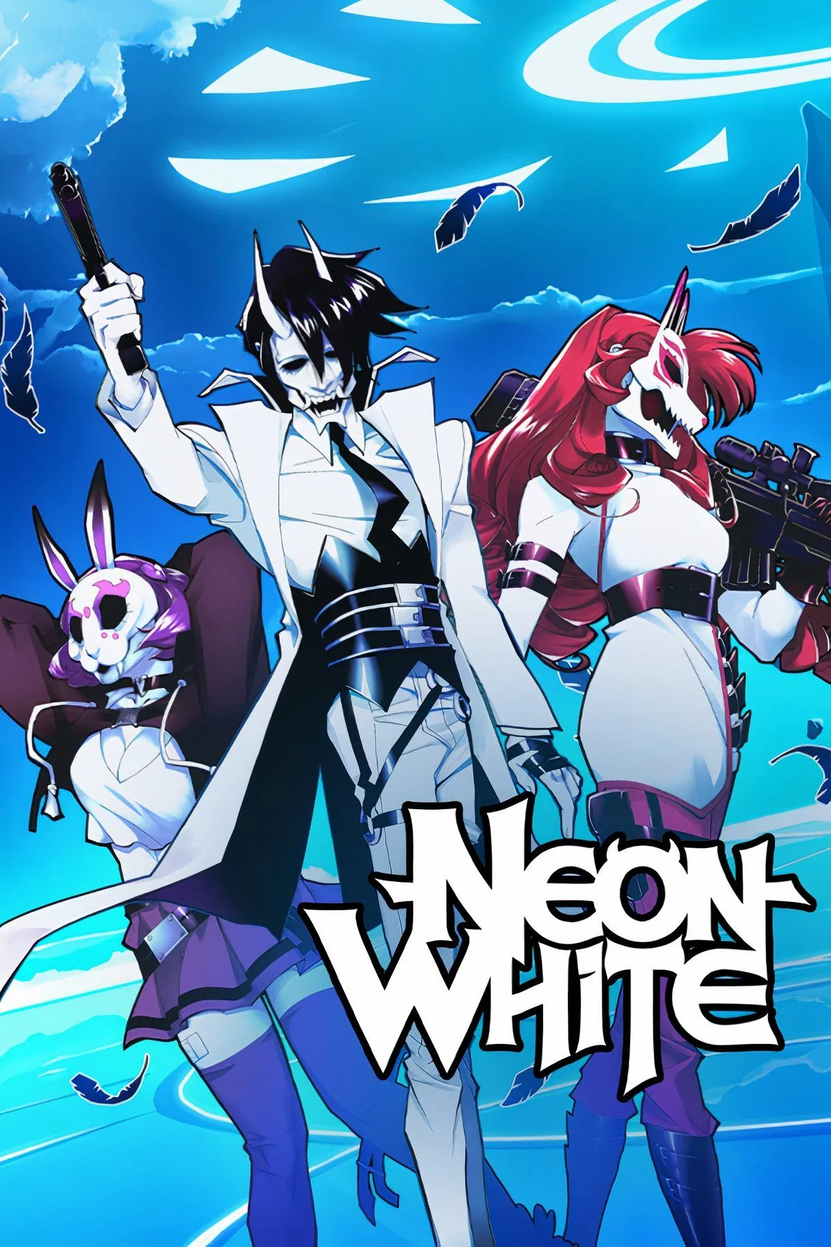 Màn hình chơi game Neon White với góc nhìn thứ nhất, nhân vật di chuyển tốc độ cao qua môi trường đô thị tương lai