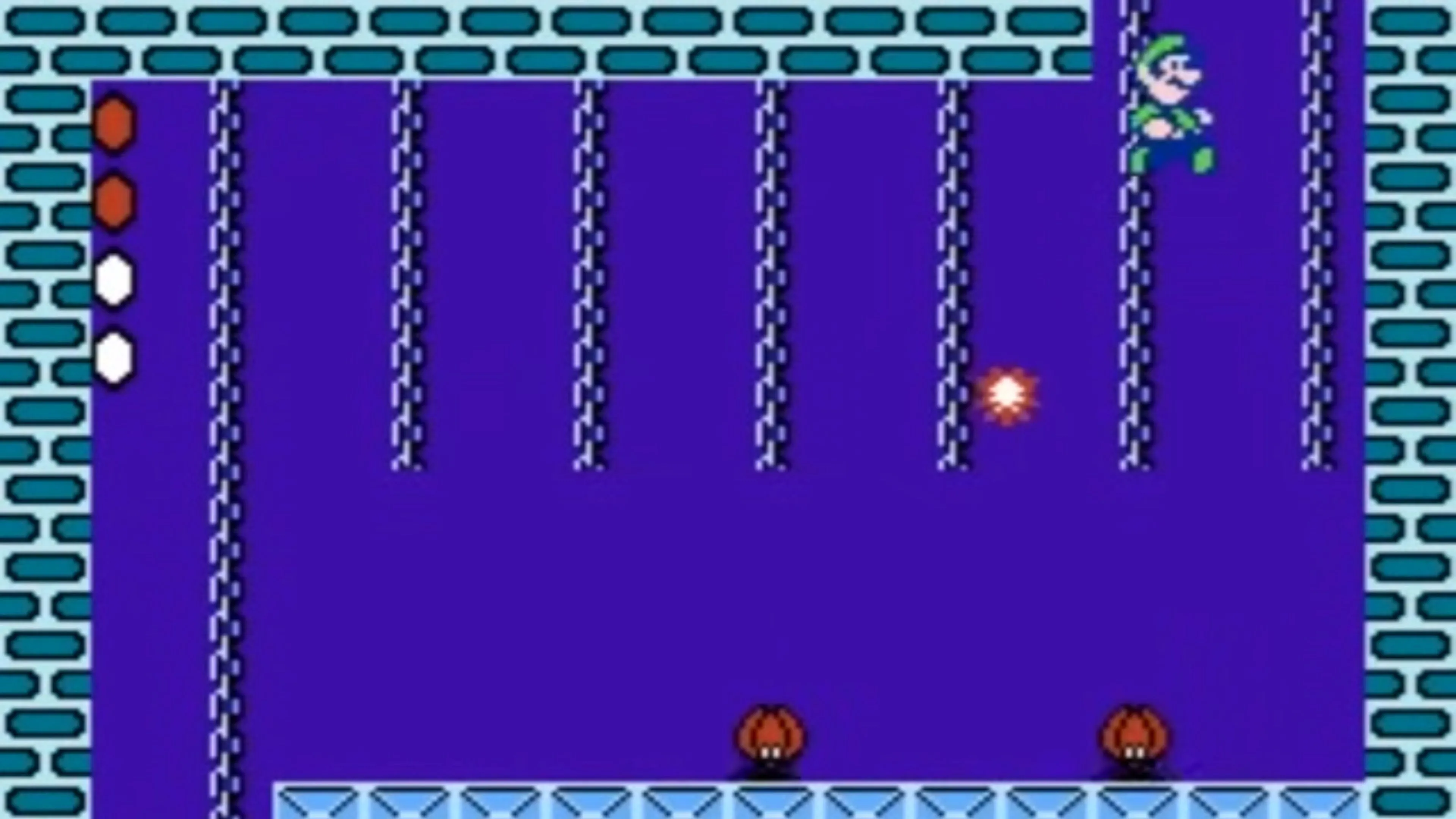 Màn hình chơi Super Mario Bros. 2 hiển thị Mario đối mặt với kẻ thù