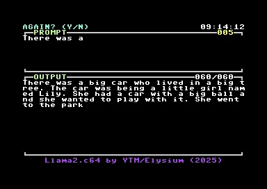 Màn hình Commodore 64 hiển thị đoạn truyện do mô hình Llama2.c64 tạo ra