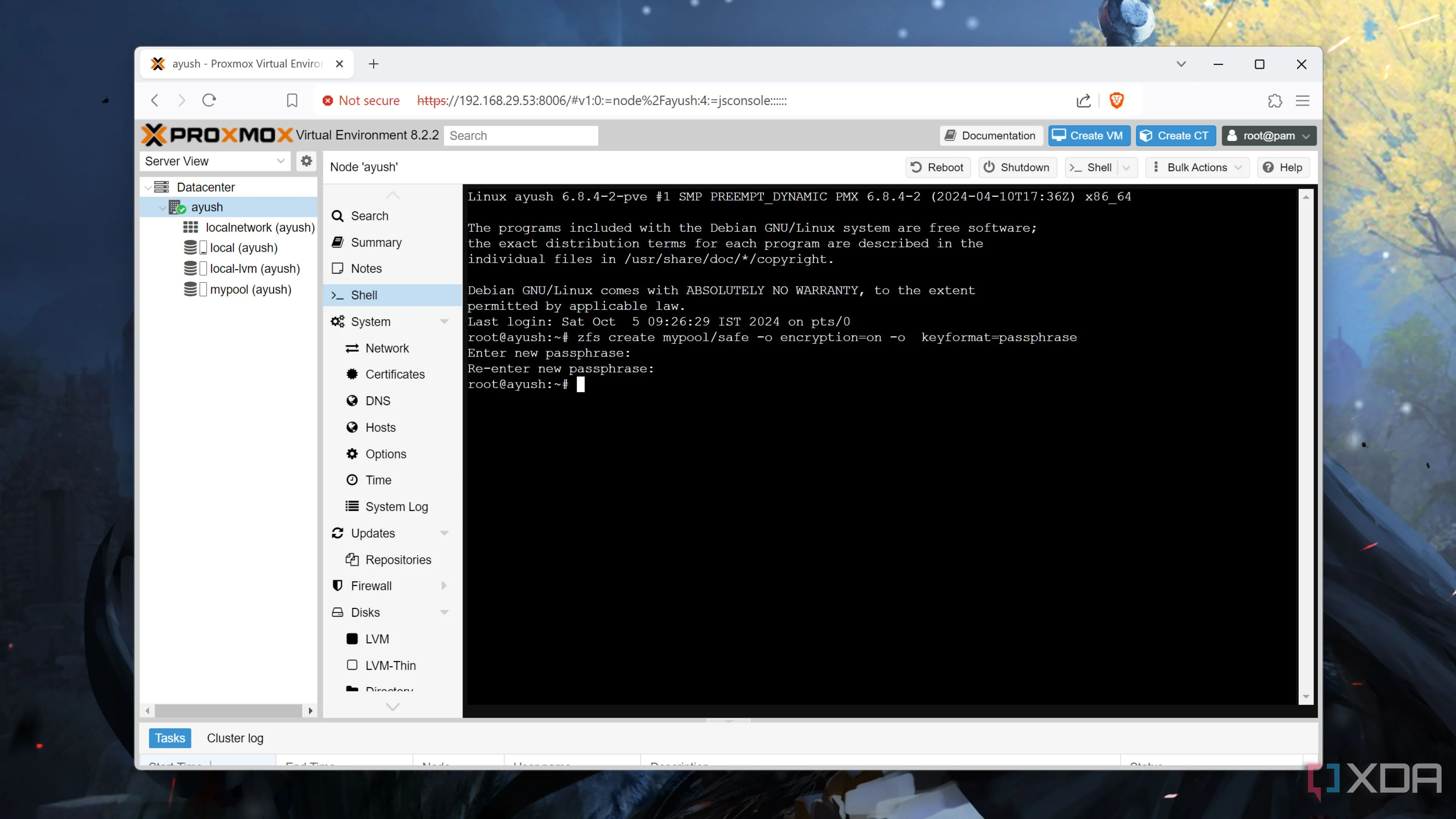 Màn hình console hiển thị lệnh mã hóa pool ZFS trên Proxmox, minh chứng cho tính bảo mật dữ liệu của ZFS