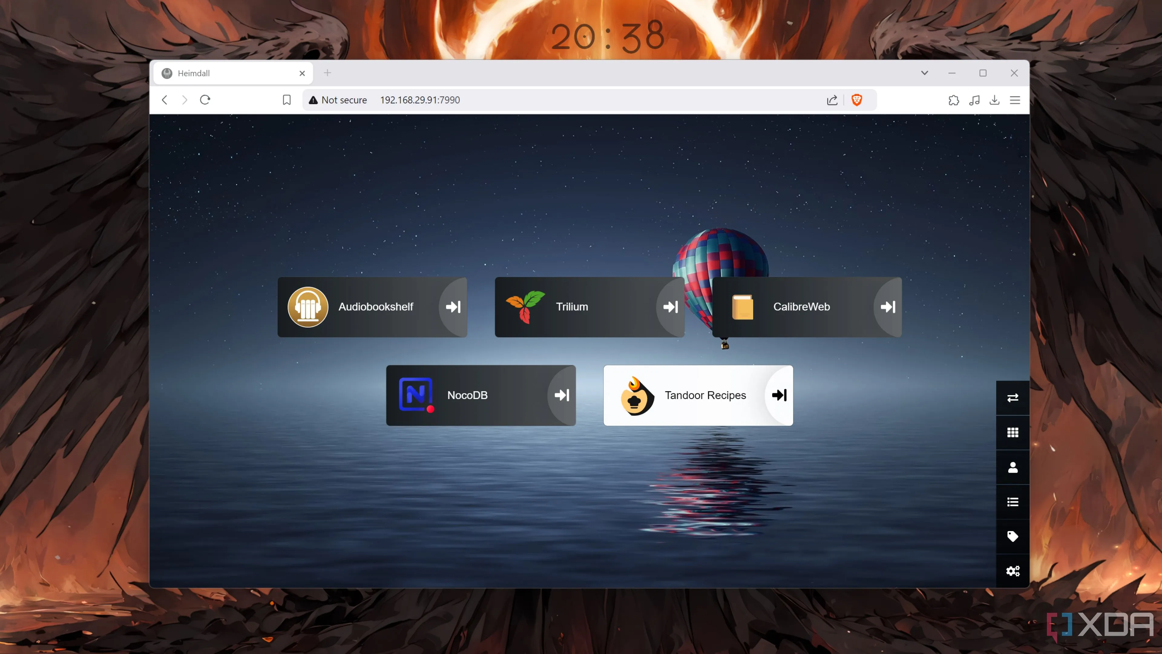 Màn hình dashboard Heimdall hiển thị các ứng dụng tự host được sắp xếp gọn gàng