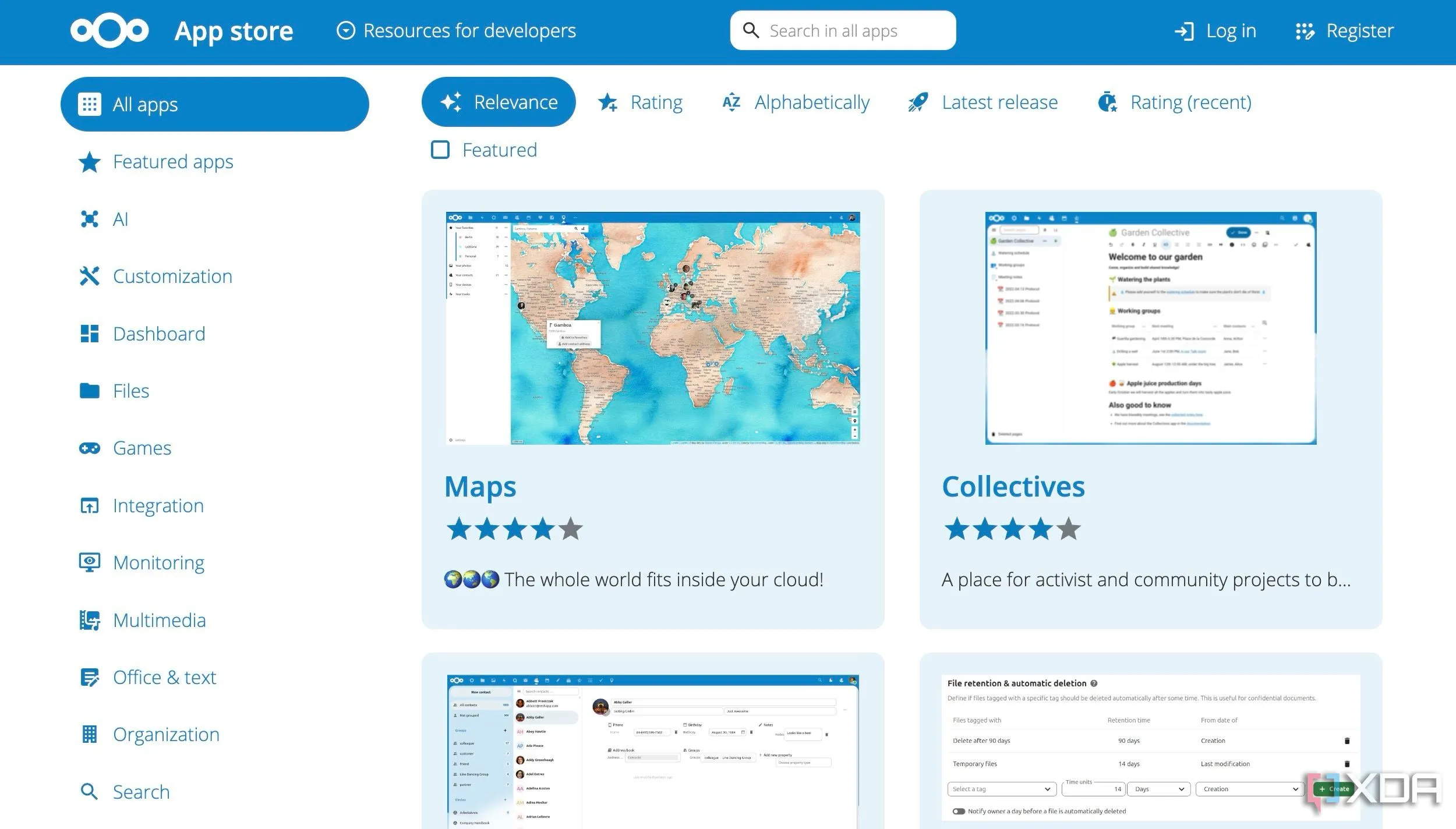 Màn hình dashboard Nextcloud với kho ứng dụng mở rộng