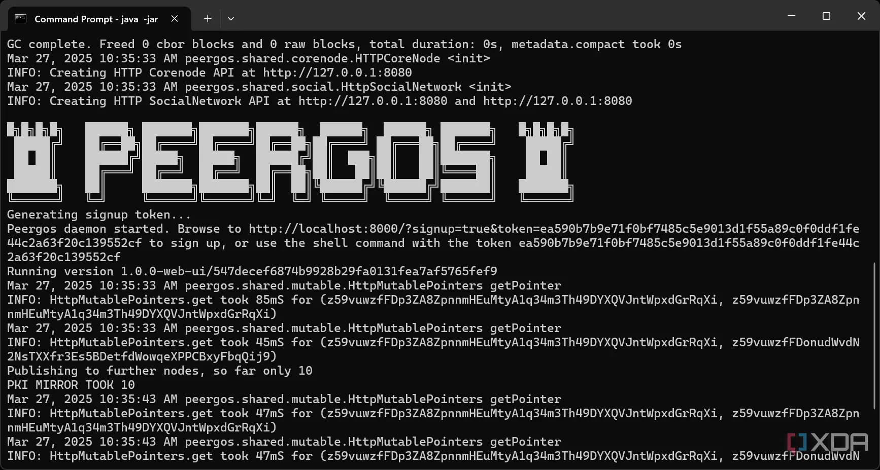 Màn hình dòng lệnh minh họa bước chạy file Java để khởi động Peergos server