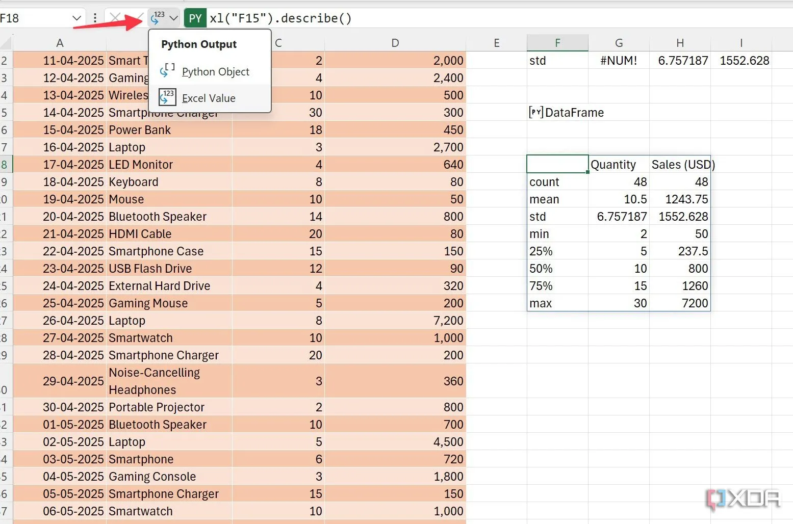 Màn hình Excel hiển thị kết quả phân tích `.describe()` của DataFrame, với tùy chọn chuyển đổi từ Python object sang Excel value.
