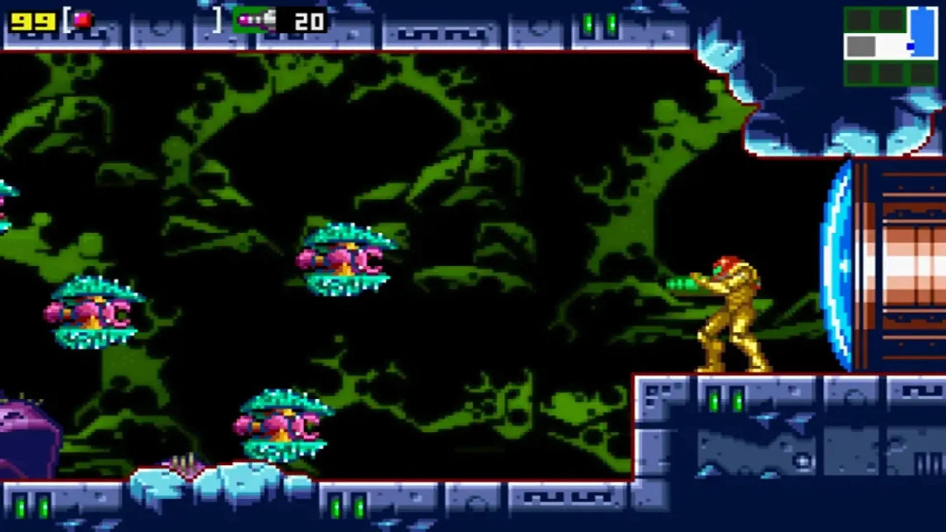 Màn hình gameplay 2D cải tiến của Metroid: Zero Mission, tái hiện cuộc phiêu lưu của Samus Aran trên GBA.