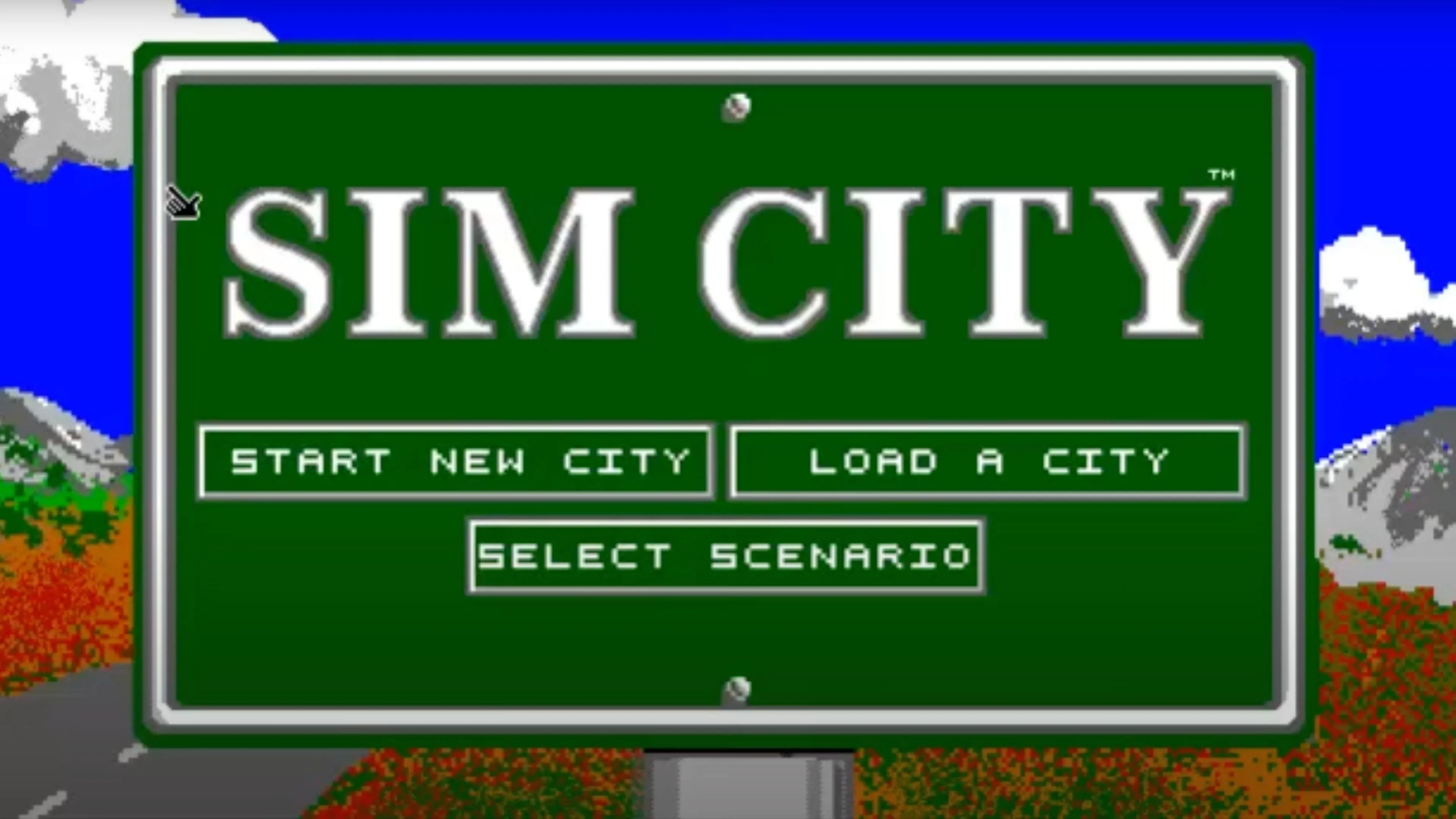 Màn hình gameplay của SimCity trên Super Nintendo, hiển thị một thành phố được xây dựng với các công trình đa dạng