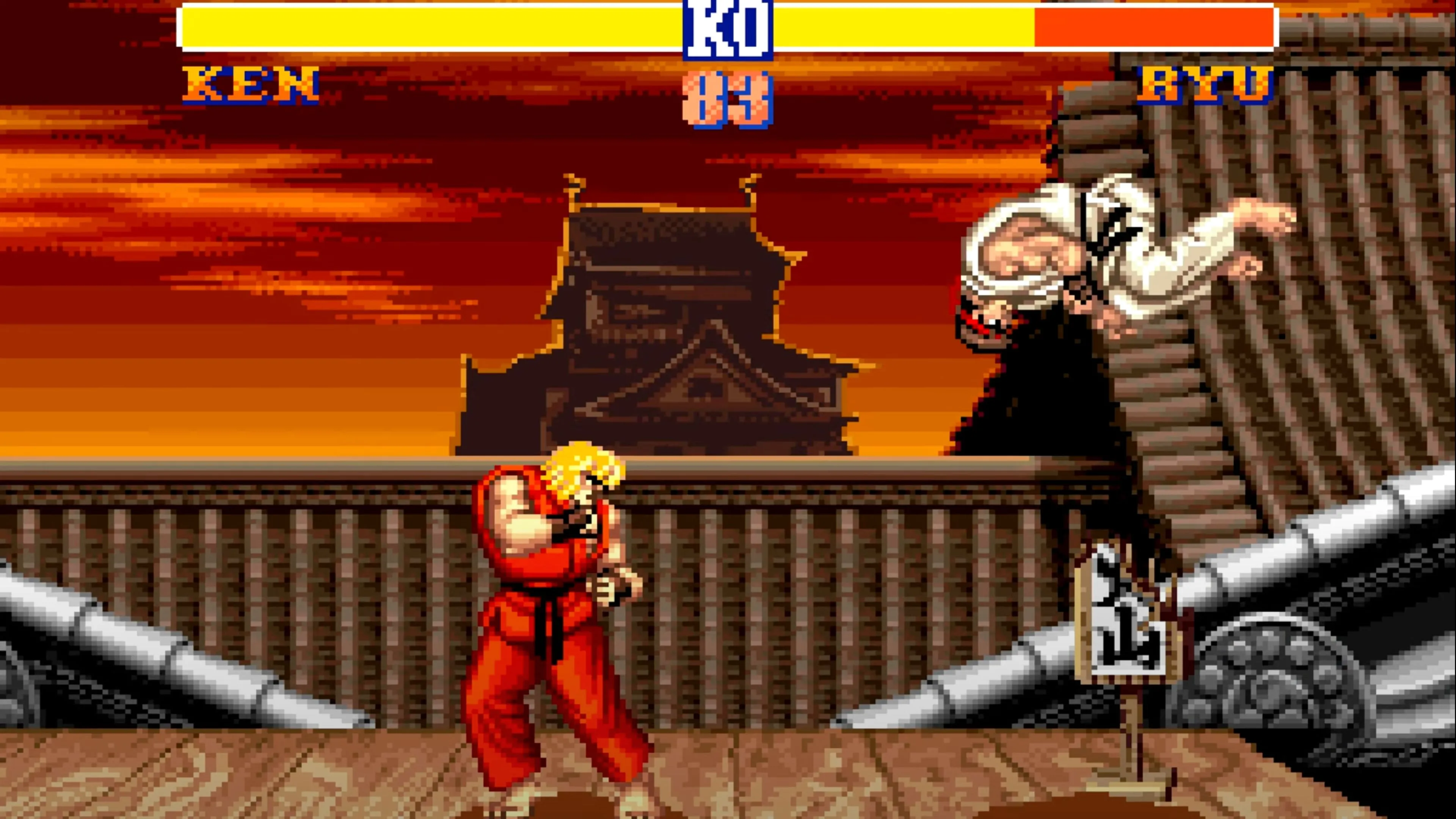Màn hình gameplay của Street Fighter II trên SNES, thể hiện trận đấu căng thẳng giữa các nhân vật