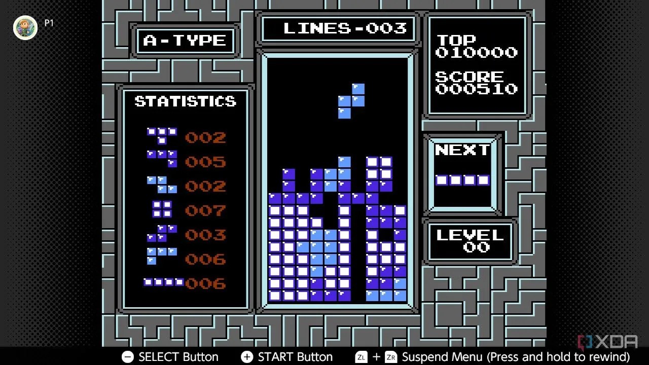 Màn hình gameplay của Tetris phiên bản NES trên dịch vụ Nintendo Switch Online