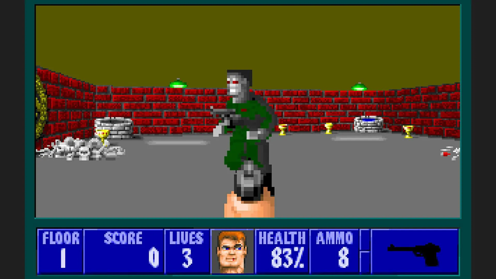 Màn hình gameplay của tựa game bắn súng góc nhìn thứ nhất Wolfenstein 3D, tiền thân của Super Noah's Ark 3D