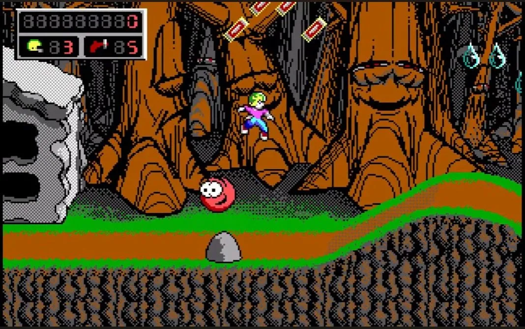 Màn hình gameplay đầu tiên của Commander Keen 4, thể hiện phong cách platformer khoa học viễn tưởng đặc trưng