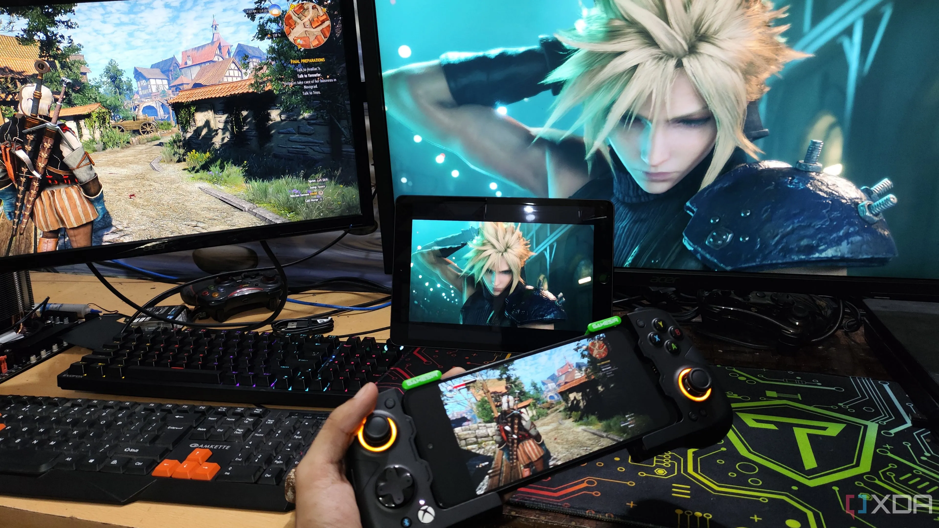 Màn hình hiển thị game The Witcher 3 và Final Fantasy VII Remake đang được streaming mượt mà từ PC mạnh sang thiết bị di động qua Moonlight/Sunshine, minh họa giải pháp streaming hiệu quả.