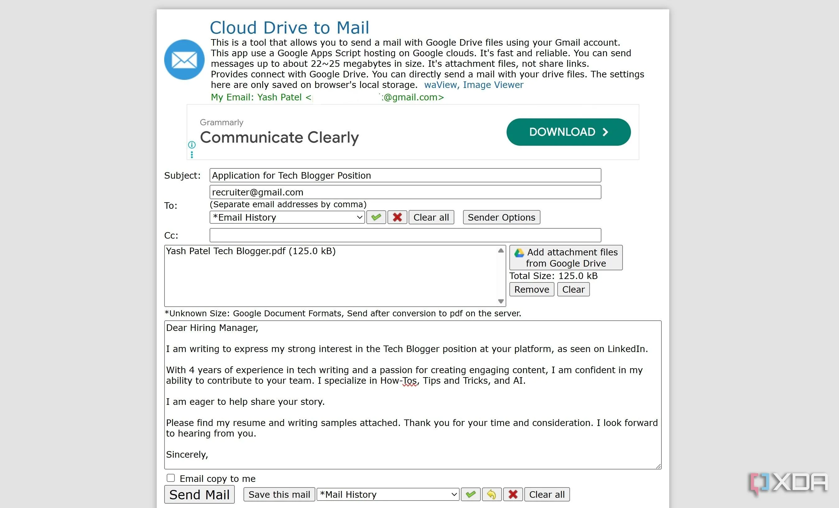 Màn hình hiển thị giao diện trình soạn thảo email của Cloud Drive to Mail