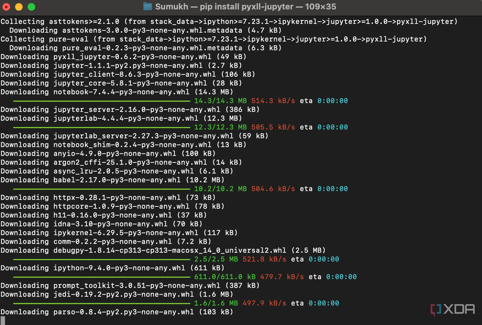 Màn hình hiển thị quá trình cài đặt PyXLL-Jupyter qua Terminal