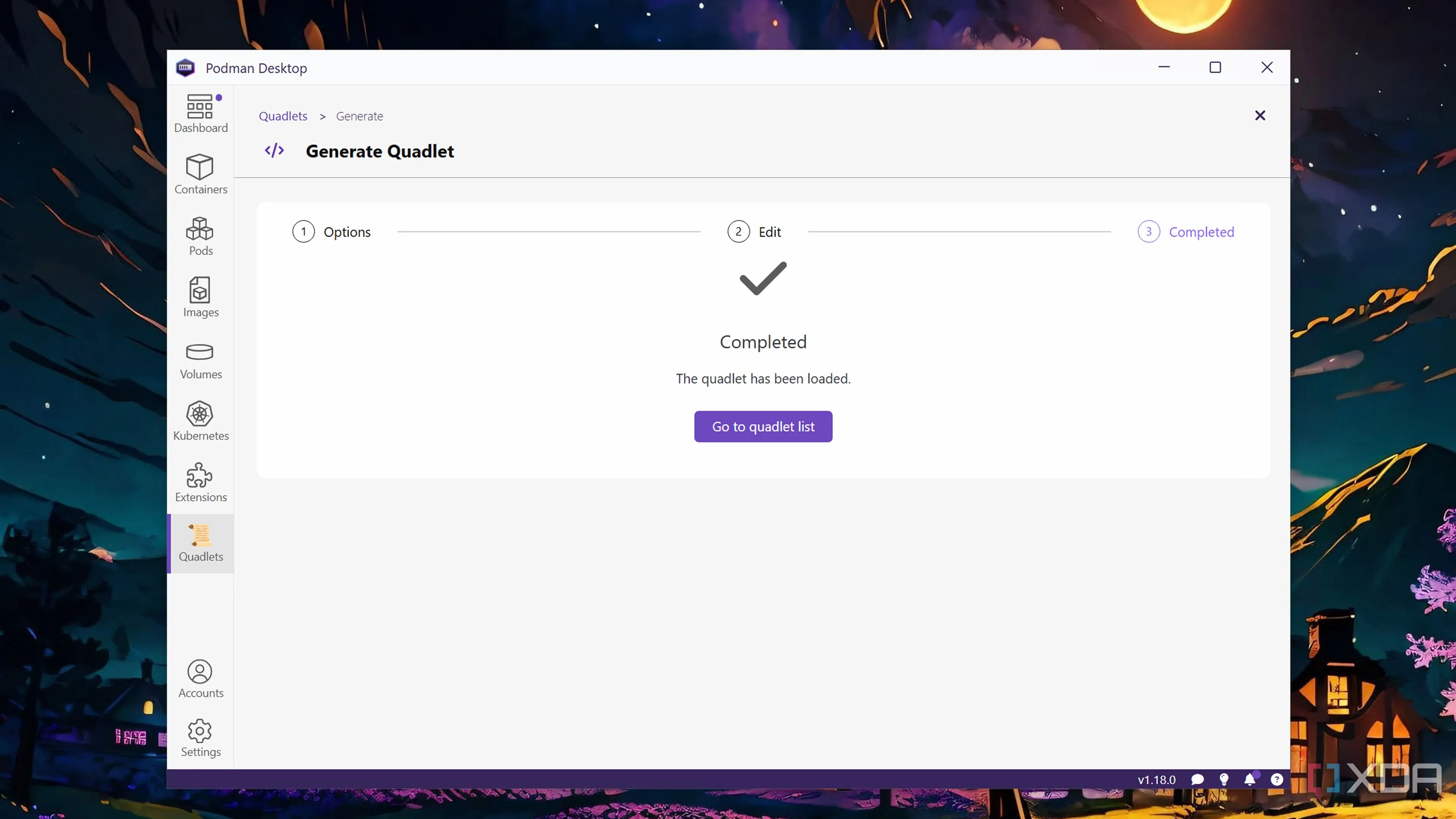 Màn hình hiển thị quá trình tạo và triển khai Quadlet container trong Podman Desktop