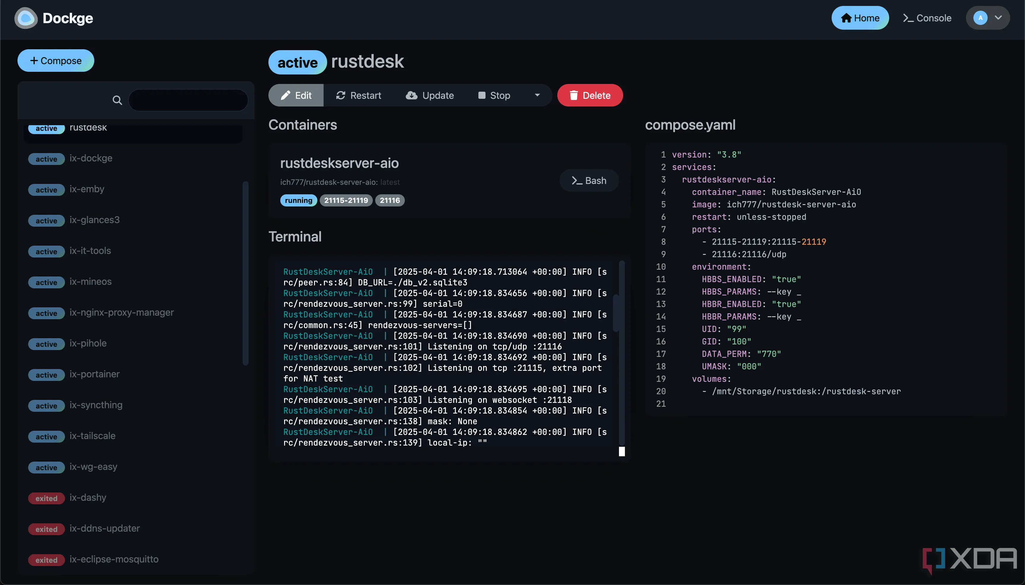 Màn hình hiển thị quá trình triển khai RustDesk thông qua Docker trong môi trường tự host, đảm bảo quyền riêng tư