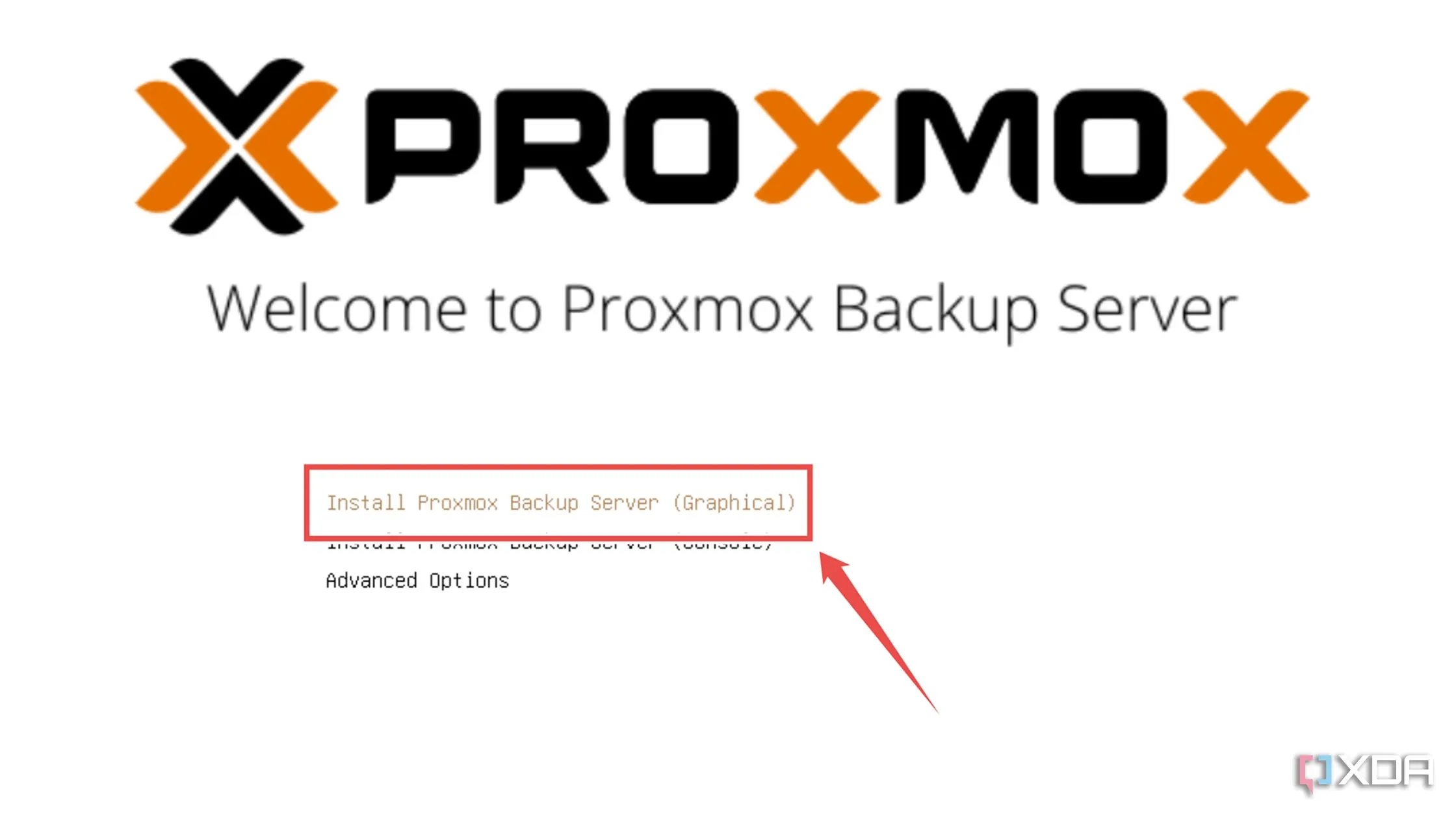 Màn hình khởi động cài đặt Proxmox Backup Server, chọn tùy chọn cài đặt đồ họa.