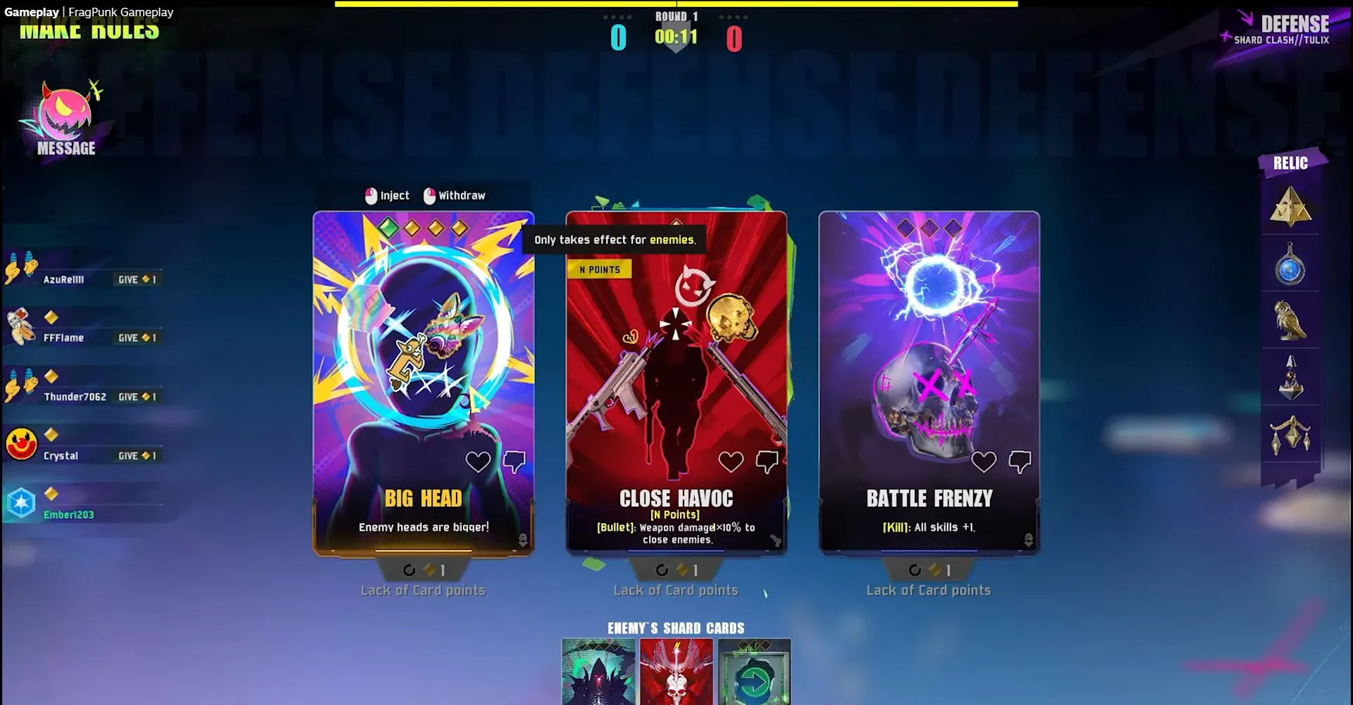 Màn hình lựa chọn thẻ bài Shard Card trong FragPunk, ảnh hưởng đến gameplay từng vòng
