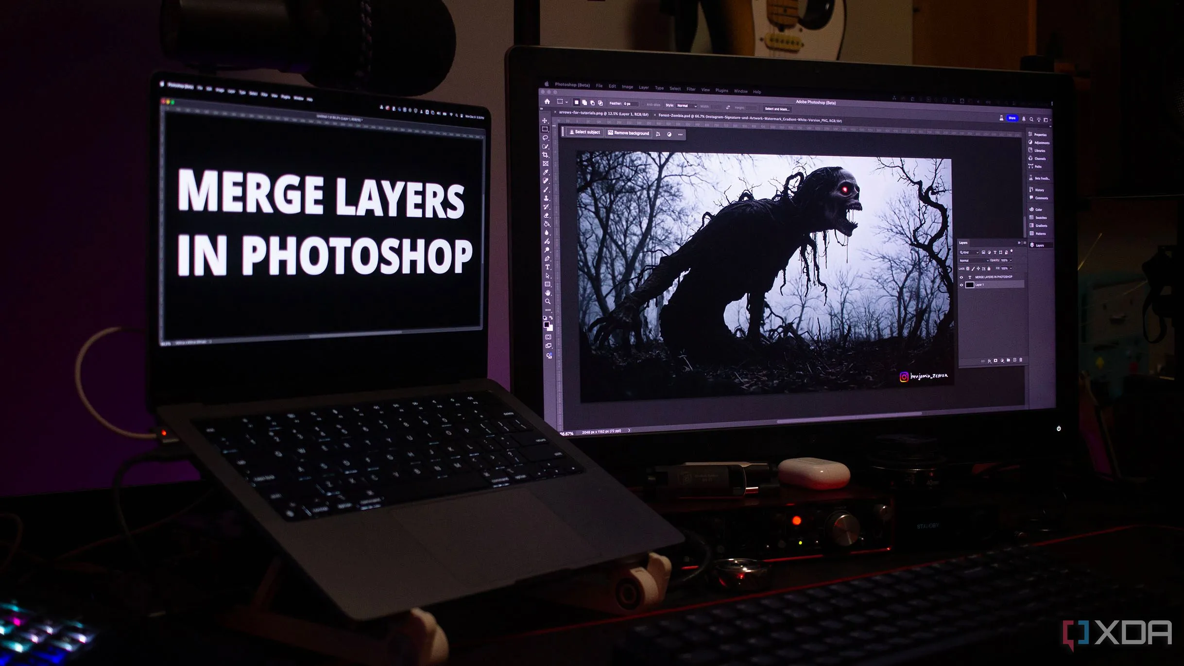 Màn hình máy tính hiển thị Adobe Photoshop với các lớp layer đang được gộp, minh họa kỹ thuật compositing