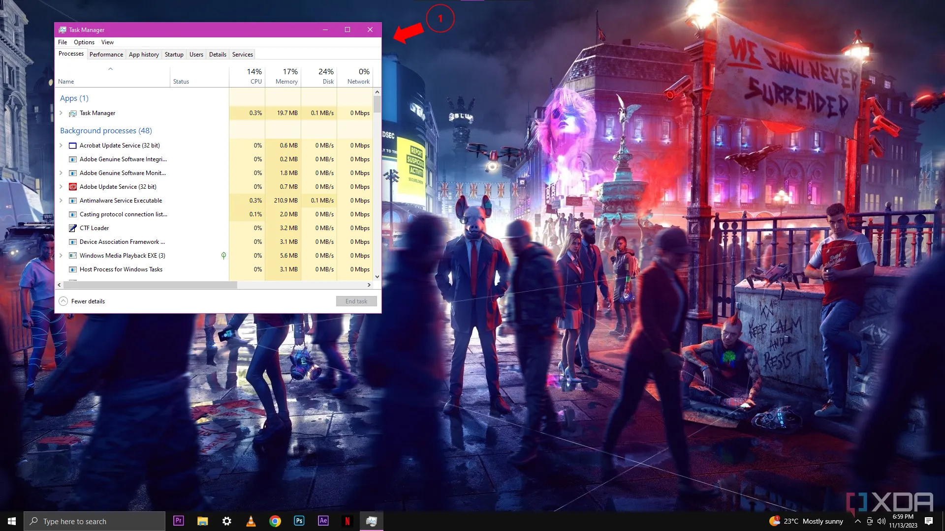 Màn hình máy tính Windows 10 hiển thị Trình quản lý Tác vụ (Task Manager) đang mở tab Processes, hướng dẫn tắt các tiến trình không cần thiết để tối ưu hiệu suất game.