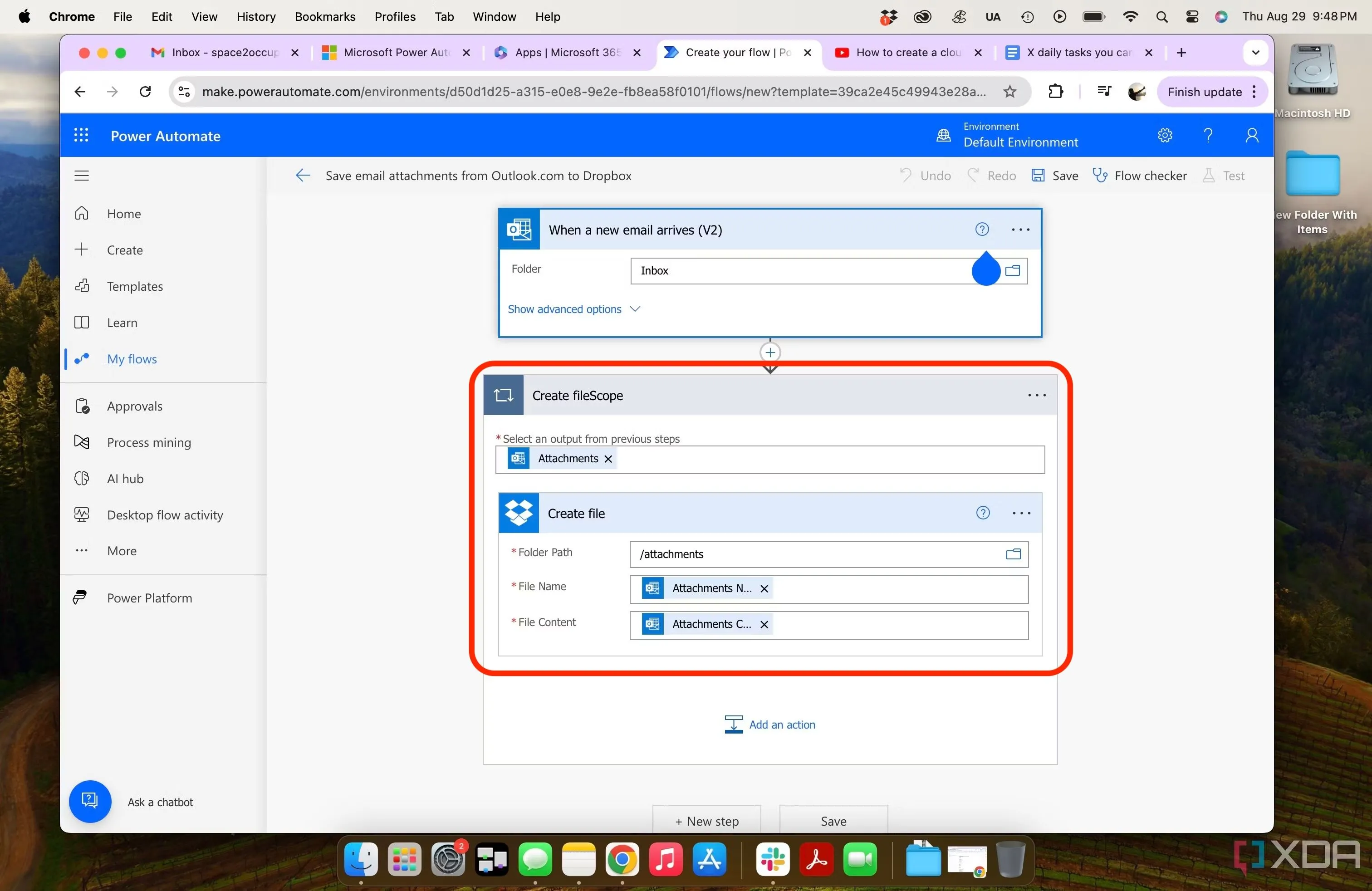 Màn hình Microsoft Power Automate với luồng tự động tải tệp đính kèm email từ Outlook về Dropbox, giúp tối ưu công việc văn phòng