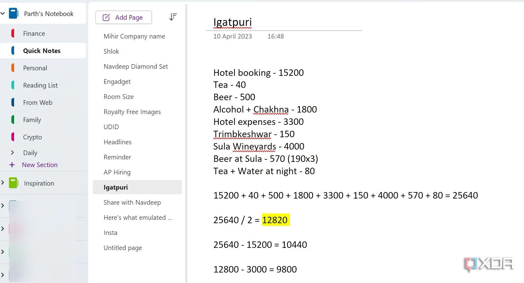 Màn hình OneNote hiển thị các phép tính toán học cơ bản được thực hiện trực tiếp trong ghi chú, tiện lợi cho việc tính toán nhanh.