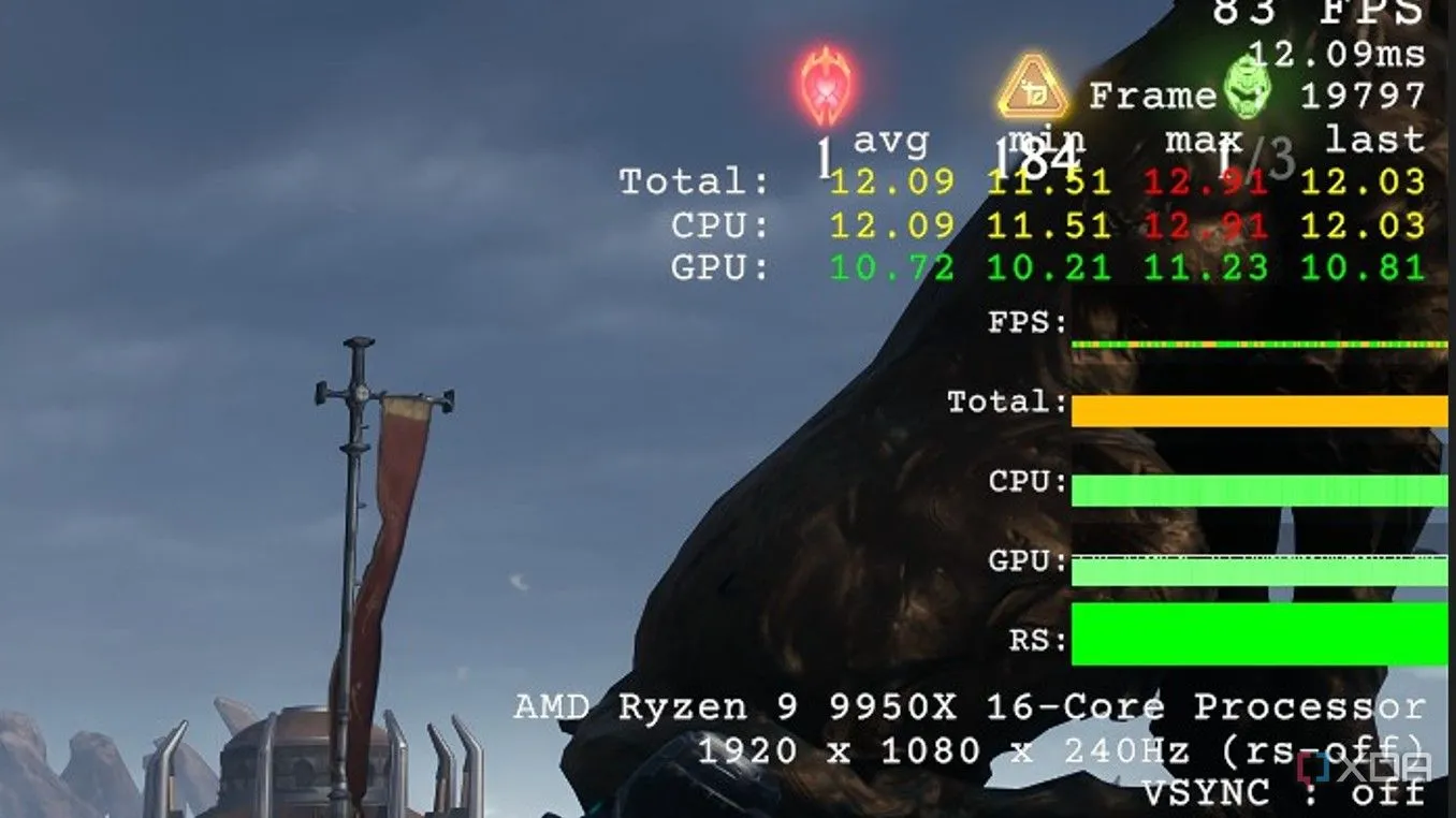 Màn hình overlay hiệu năng cho thấy nghẽn cổ chai CPU trên RTX 4060 trong Doom The Dark Ages