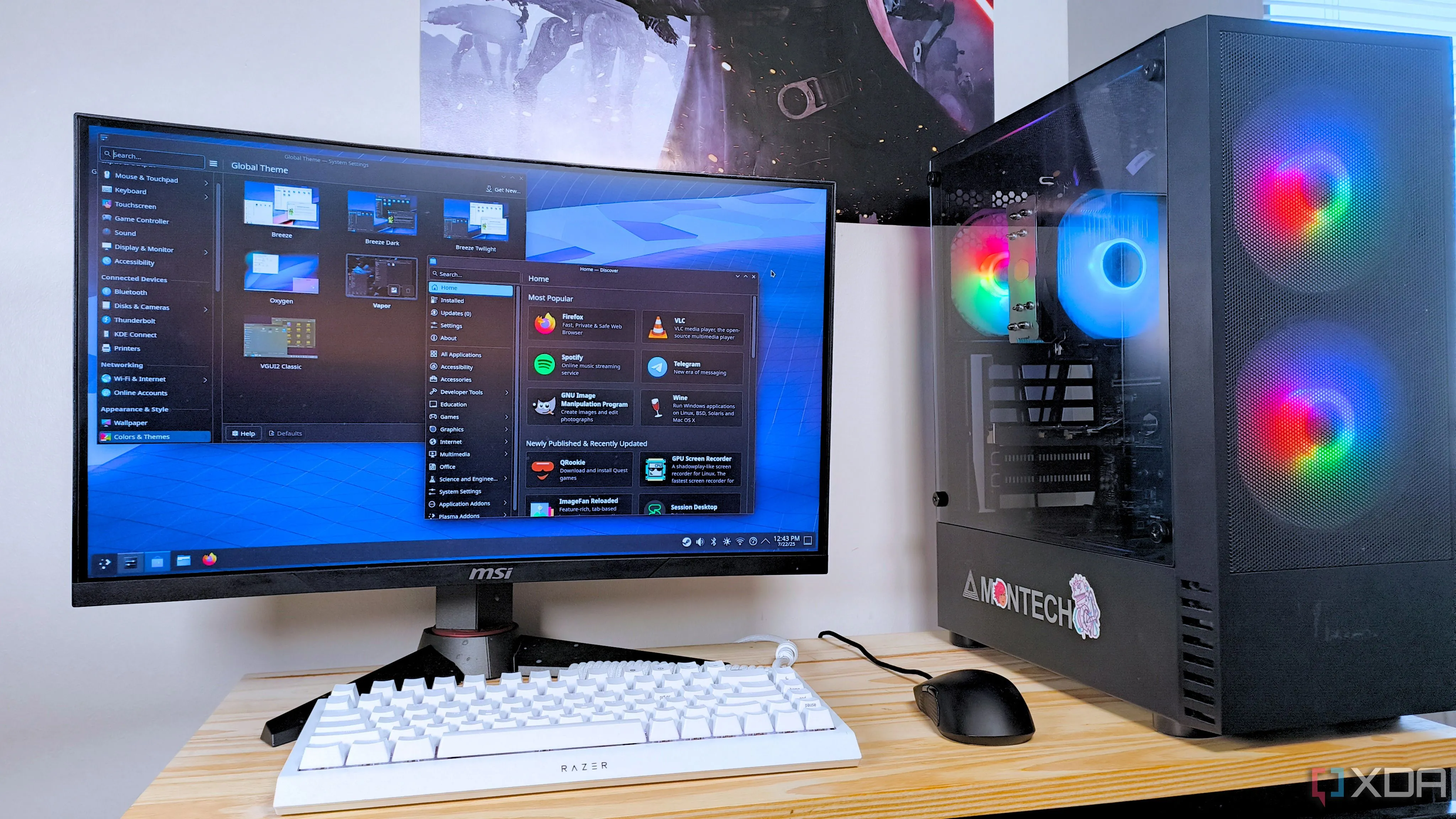 Màn hình PC chơi game chạy SteamOS hiển thị ứng dụng Cài đặt và Discovery trong môi trường desktop KDE Plasma