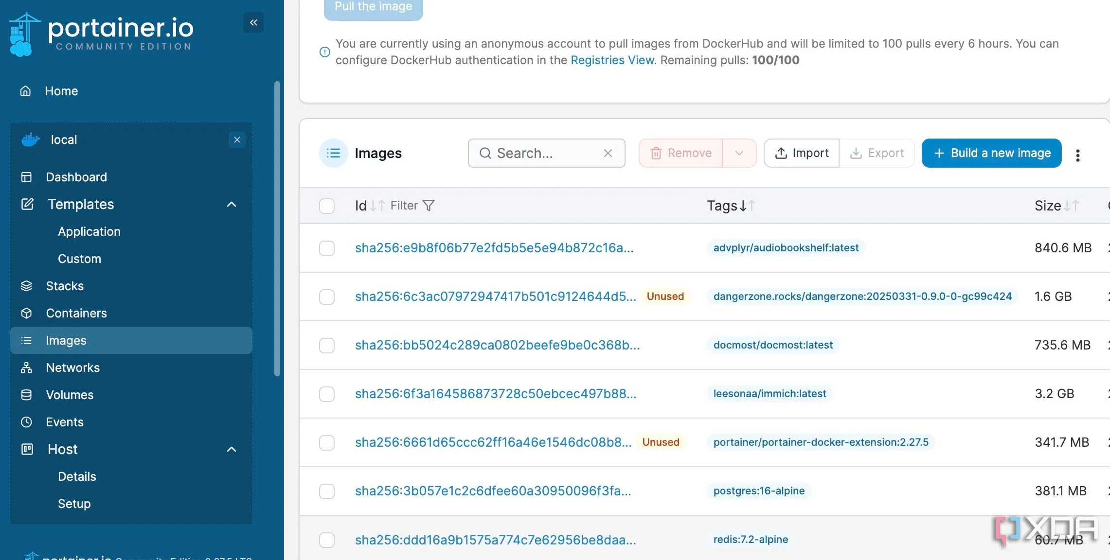 Màn hình quản lý Docker Image trong Portainer với các tùy chọn lọc
