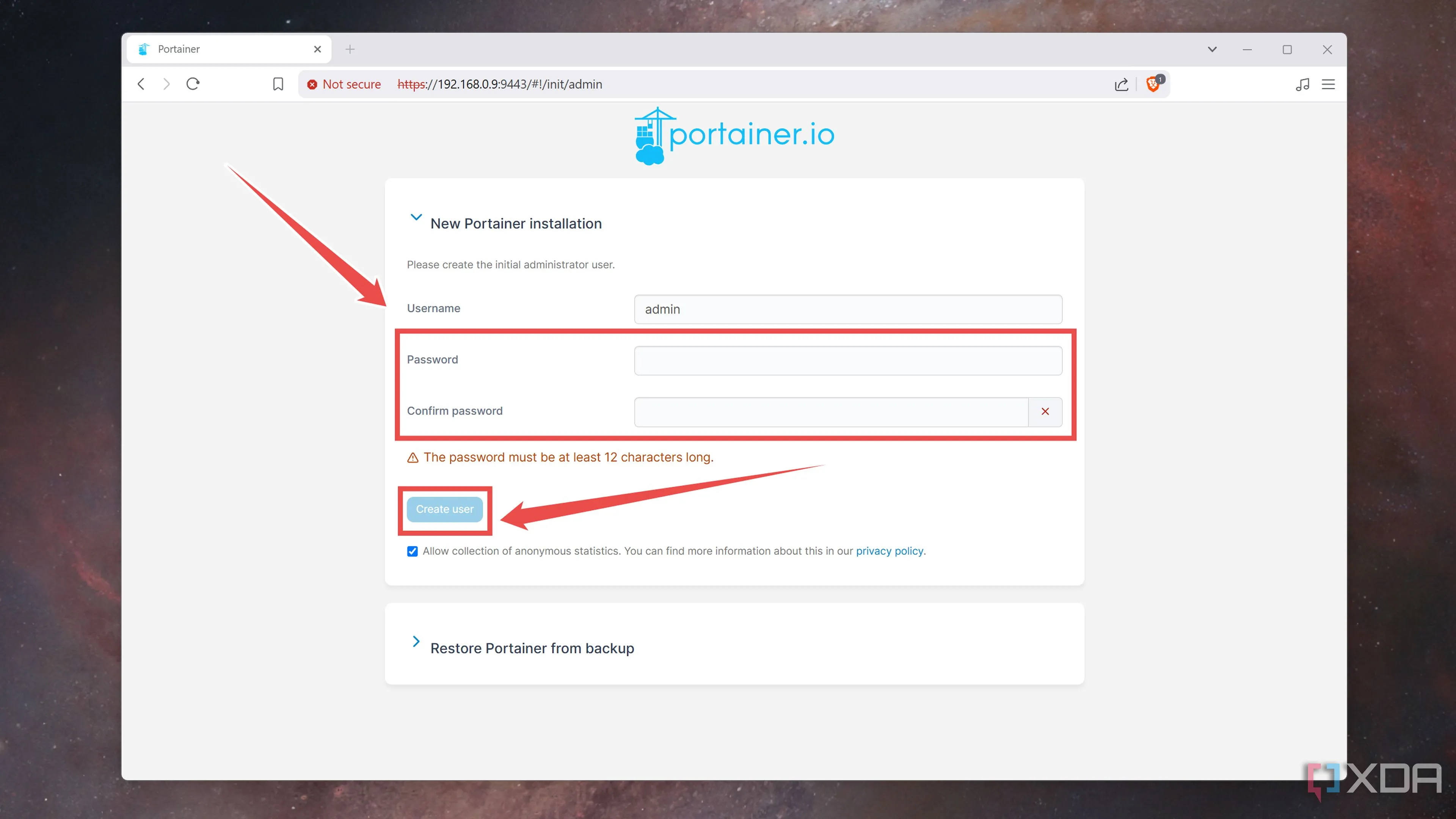 Màn hình tạo người dùng quản trị trong Portainer