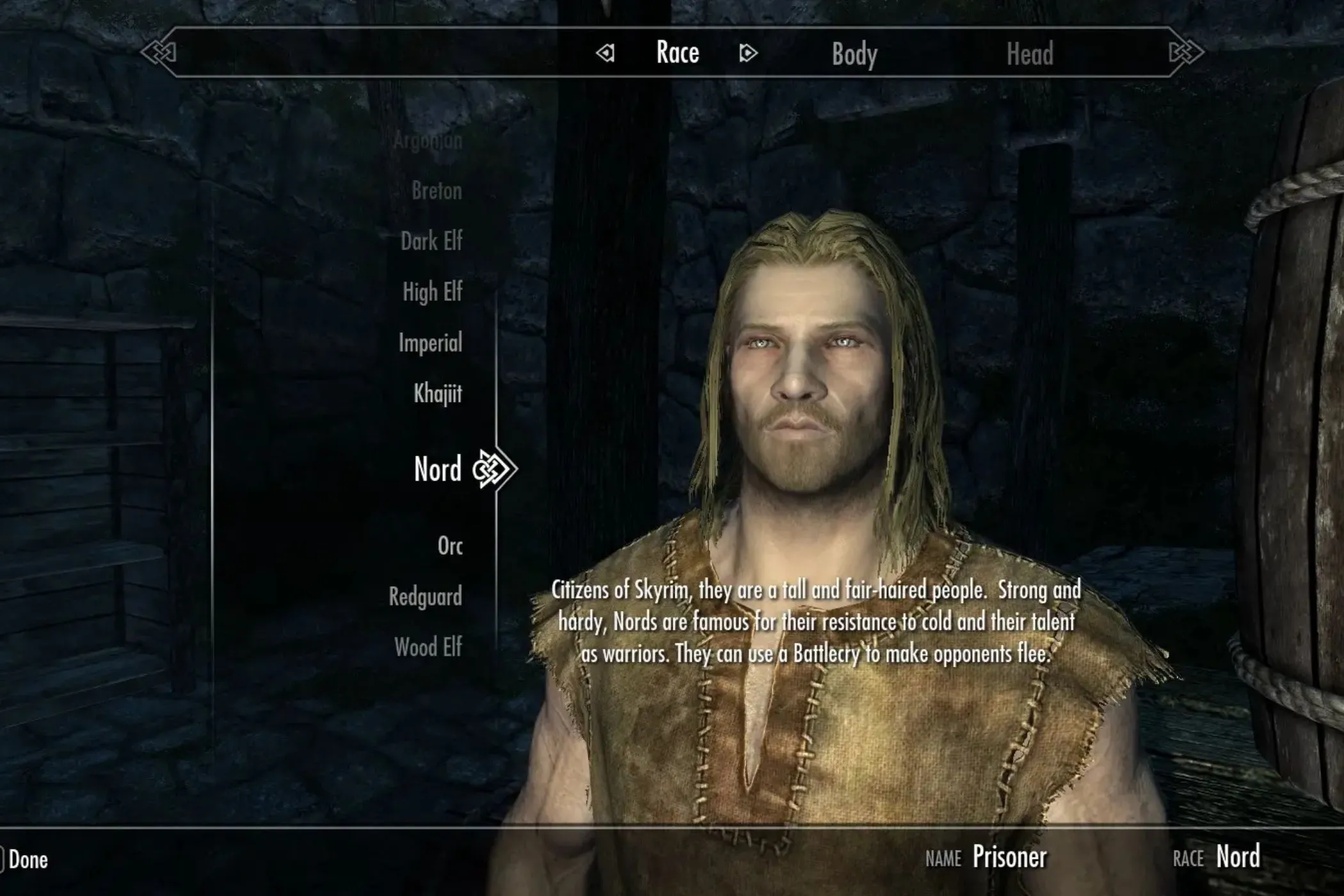 Màn hình tạo nhân vật của mod Alternate Start - Live Another Life trong Skyrim, cho phép người chơi chọn khởi đầu mới mẻ