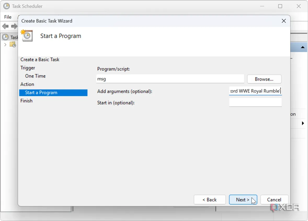 Màn hình tạo thông báo tùy chỉnh trong Task Scheduler trên Windows