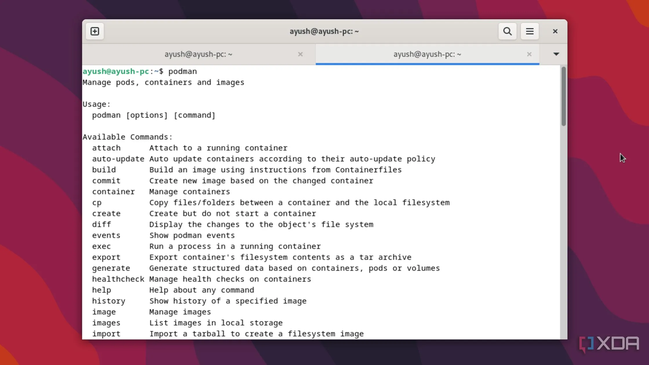 Màn hình terminal hiển thị lệnh Podman đang chạy trong máy ảo Debian, minh họa hoạt động của Podman