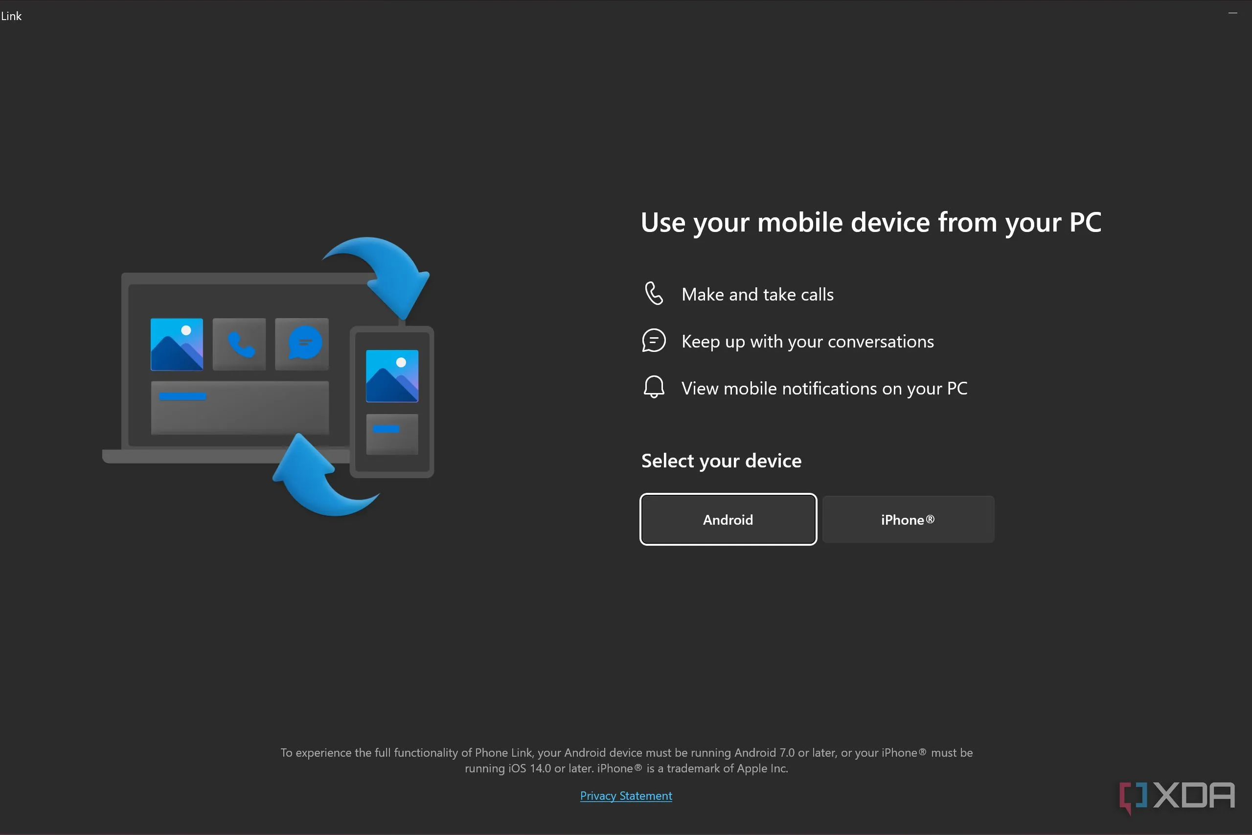 Màn hình thiết lập Phone Link trên Windows cho iPhone, minh họa tính năng tích hợp