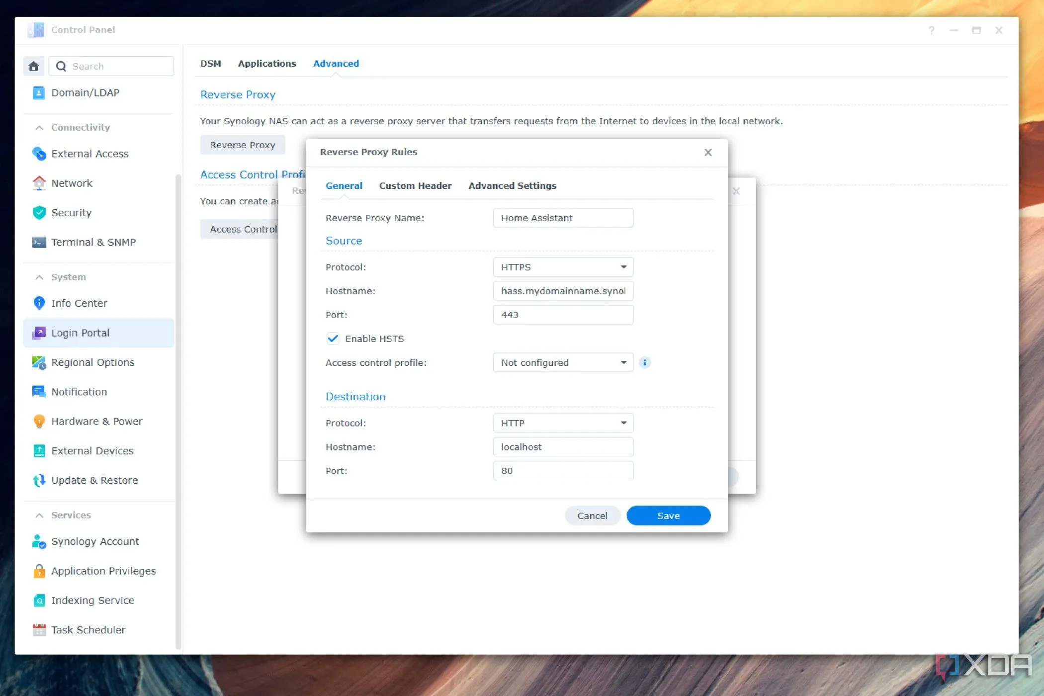 Màn hình thiết lập Reverse Proxy trên Synology NAS, cấu hình tên proxy, giao thức và cổng nguồn/đích.