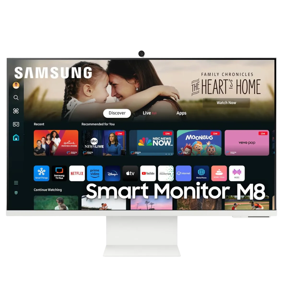 Màn hình thông minh Samsung M80D màu trắng hiển thị giao diện Smart Hub với các ứng dụng giải trí.