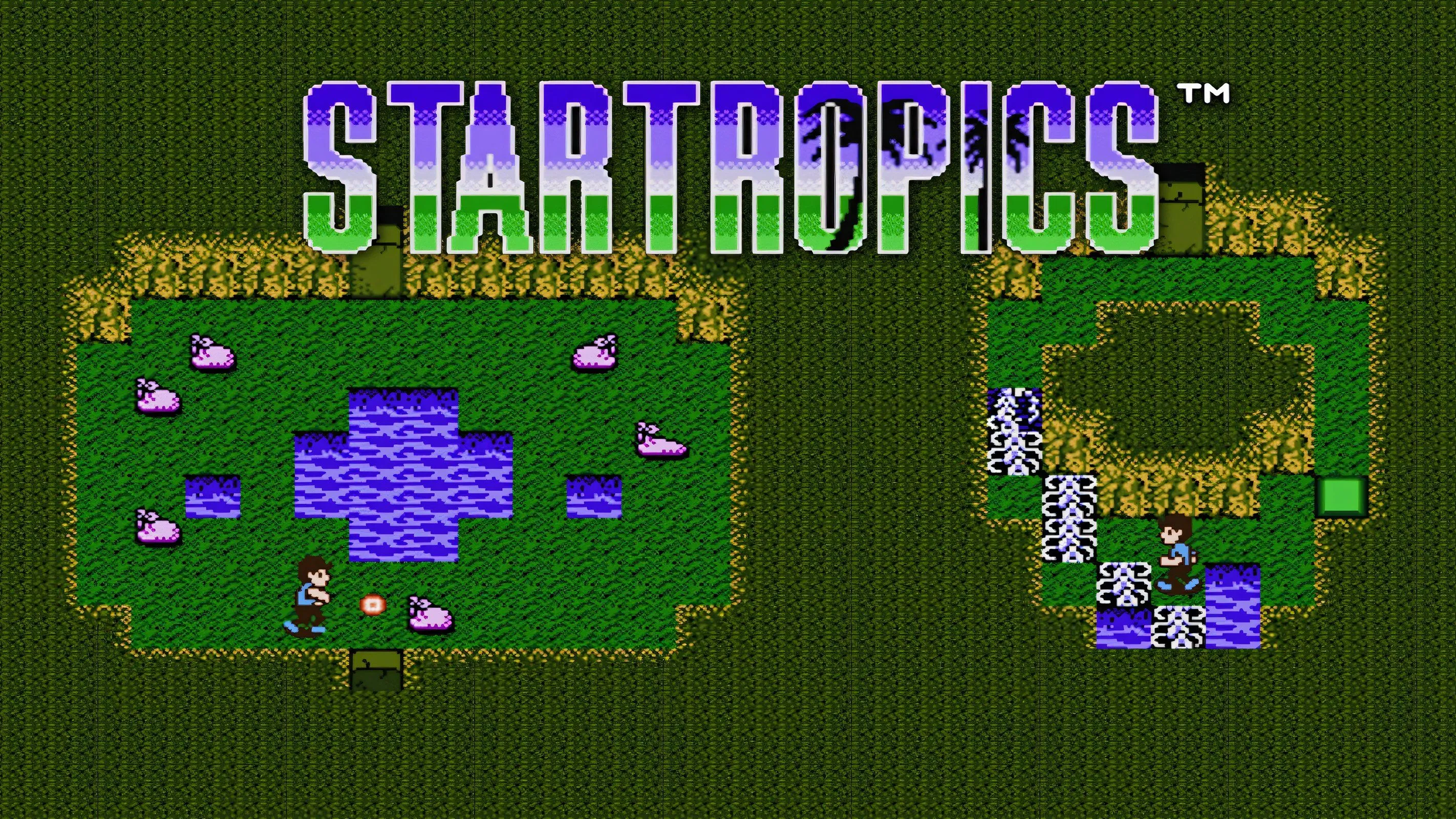 Màn hình tiêu đề game Startropics với logo và nhân vật chính Mike Jones trên NES