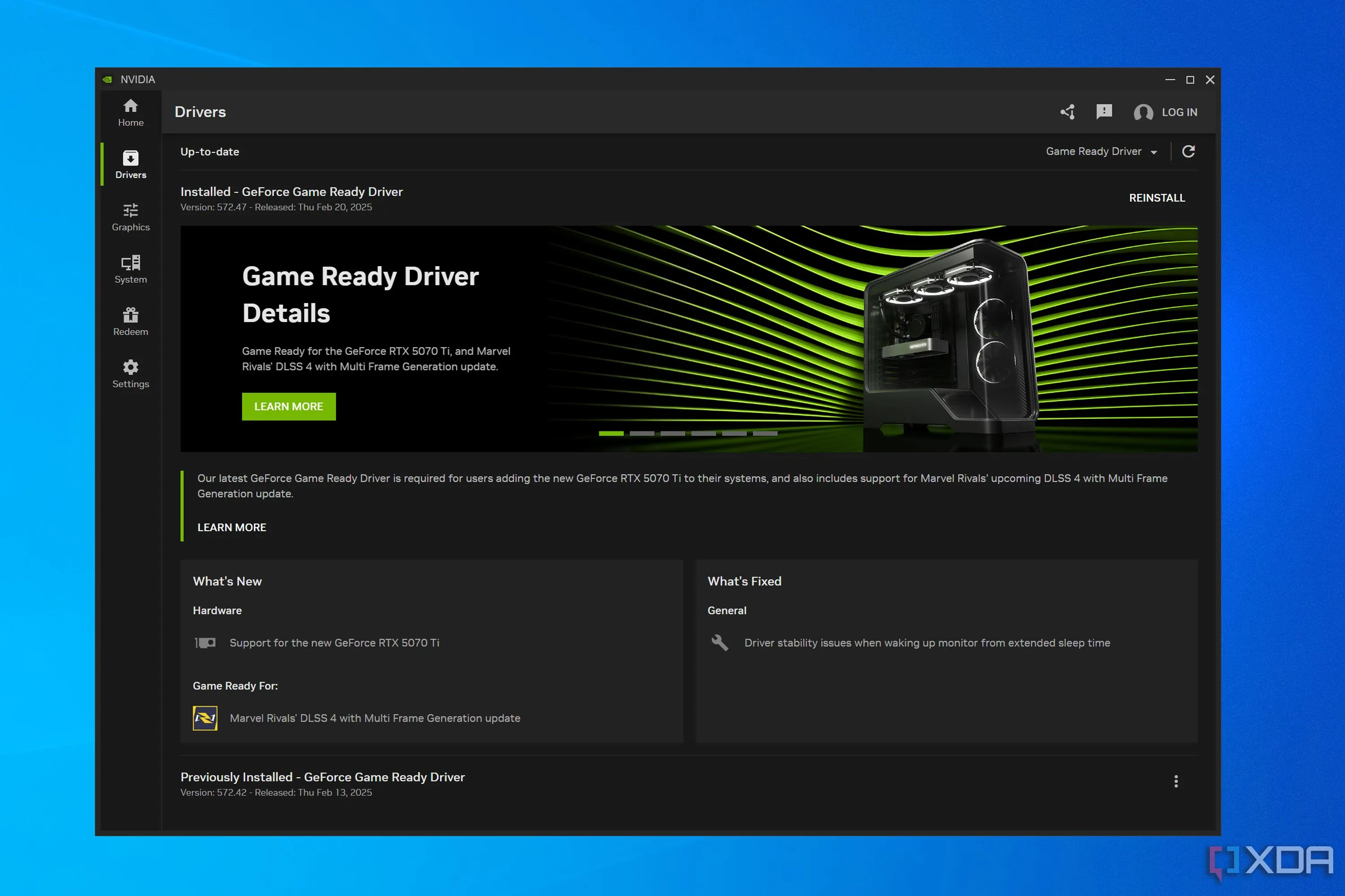 Màn hình ứng dụng Nvidia hiển thị trang cập nhật driver.